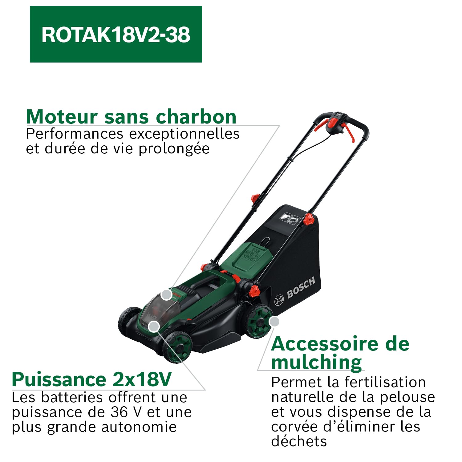 Bosch Tondeuse à Gazon sans-Fil ROTAK18V2-38 (Largeur de Coupe: 38 cm, Hauteur de Coupe: 30-75 mm, Sac de ramassage en Tissu de 40 l, Accessoire de Mulching, sans Batterie)