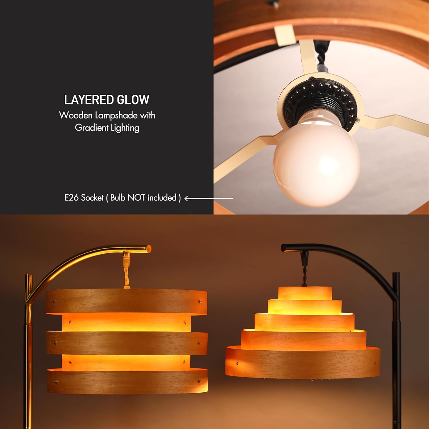 O’Bright Strata Wooden Floor Lamp - Mid Century Modern Standing Lamp with Layered Wood Shade, Tall Reading Lamp for Living Room, Bedroom, Office, Antique Brass, Light Oak, Horizon Shade