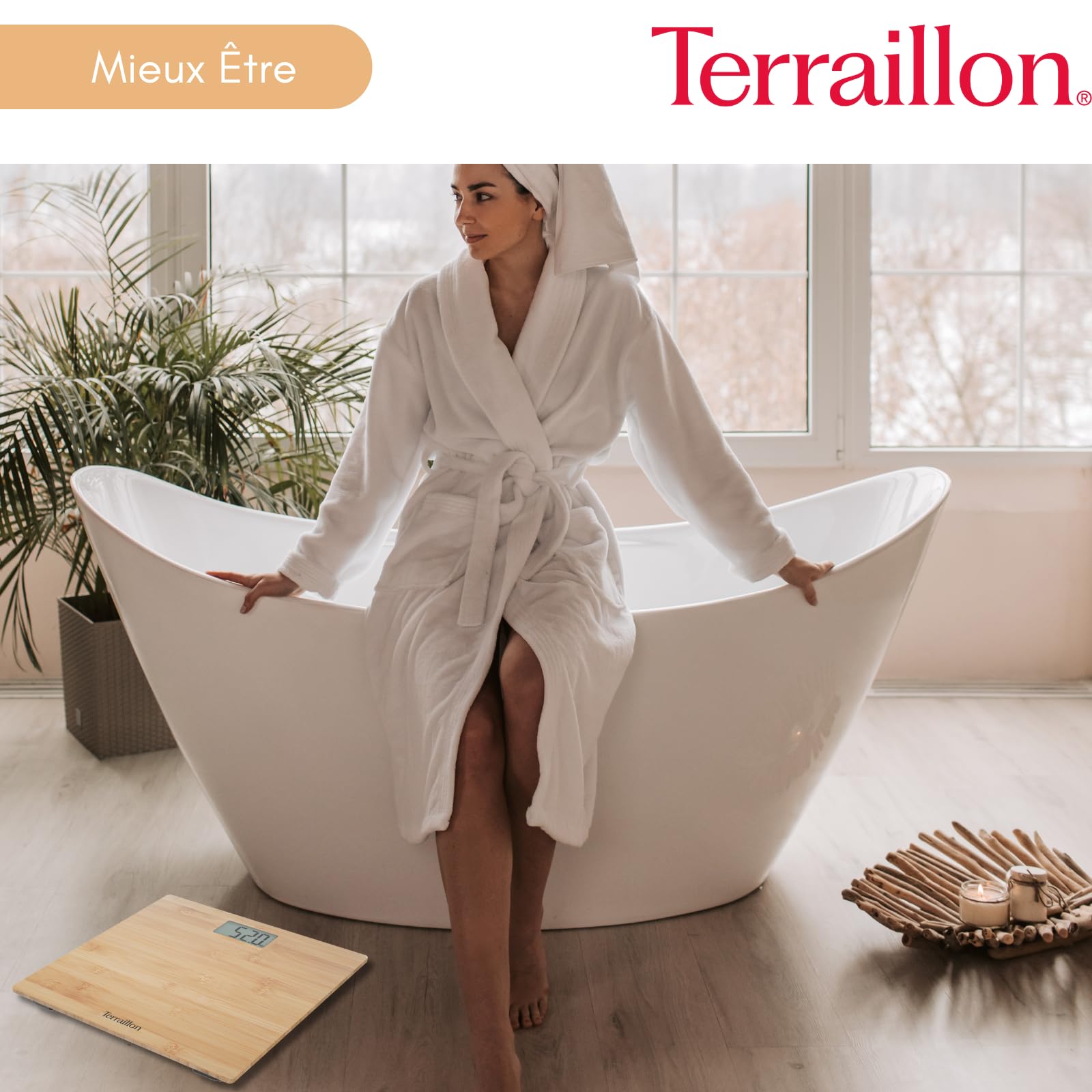 TERRAILLON - BAMBOO - Pèse personne électronique, Plateau Pur Bambou Ultra-plat, Ecran LCD, Capacité 150Kg, graduation 100g, Bambou
