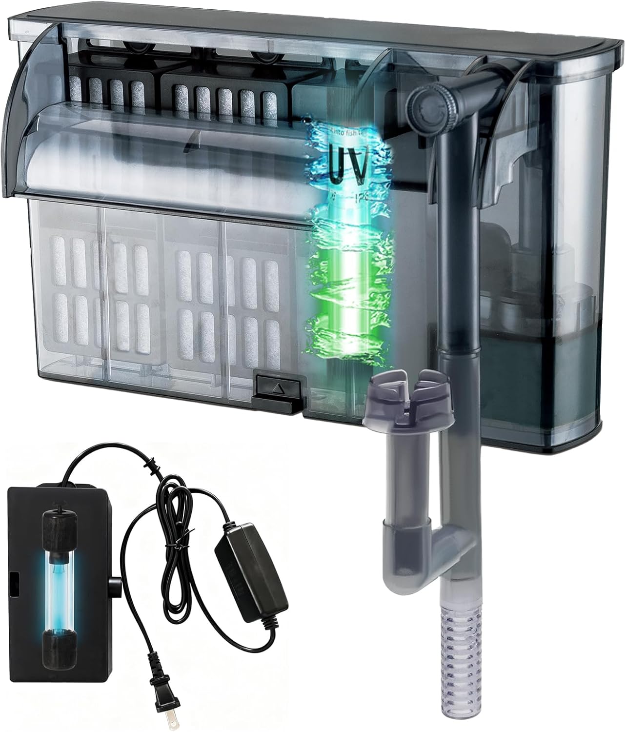 Large Hang on Back Aquarium Filter 264GPH for 40-100 Gal. Fish Tank, w/ U-V Light Surface Skimmer 13-Stage Filtration Suspension Oxygen Deodorization Green Clean Machine Saltwater Freshwater Clear