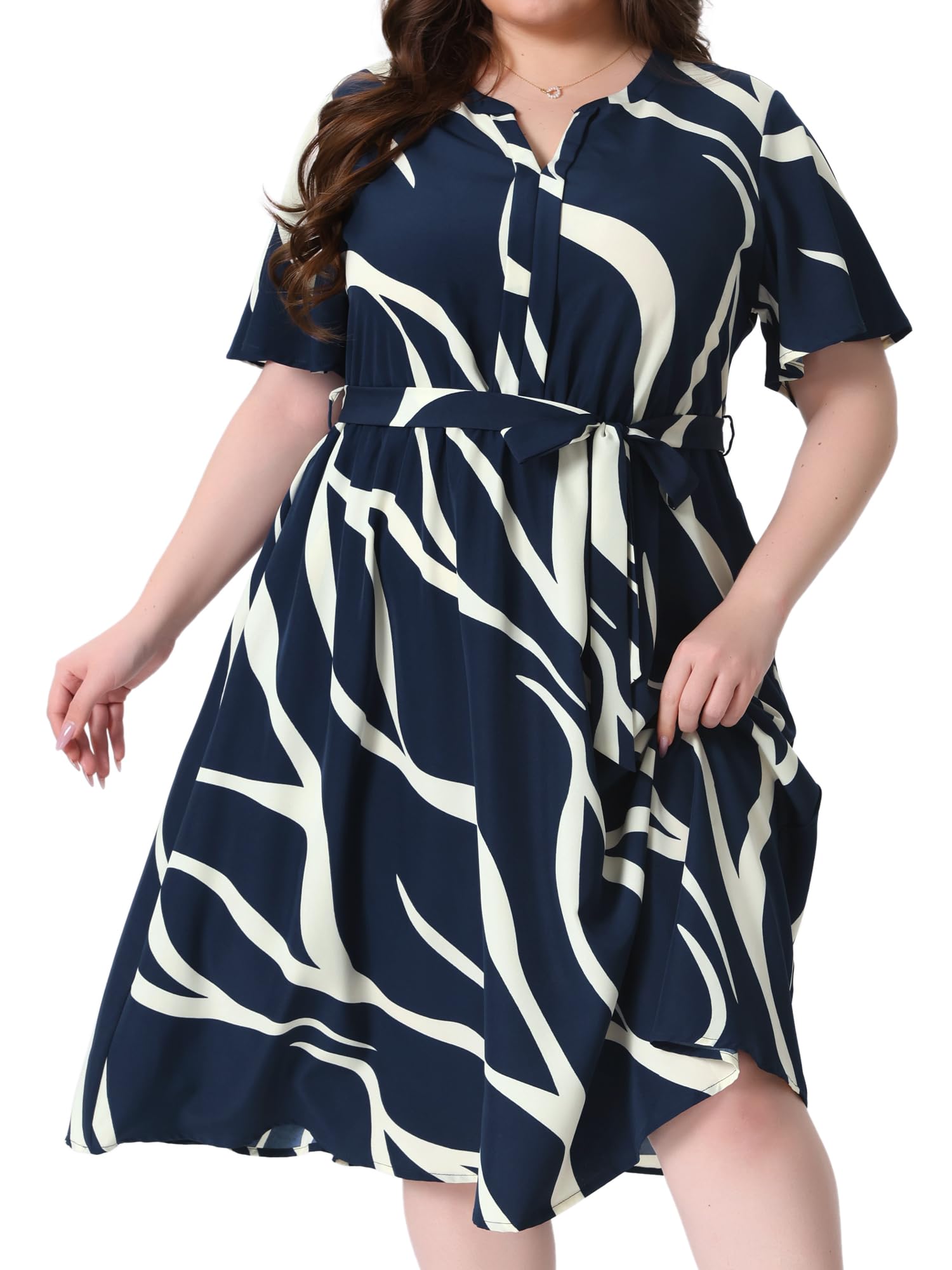 Agnes Orinda Plus Size Dress for Women Short Sleeve Notched V Neck Belt Summer Midi Dresses with Pockets