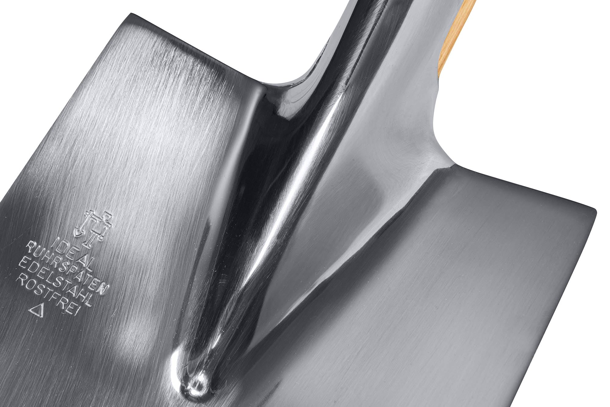 Ruhr-Spaten Gärtnerform Edelstahl rostfrei | Allround-Spaten für mittelfeste Böden | hochglanzpolierter Doppelfederspaten, ohne Tritt, Eschen-T-Stiel 85 cm, von IDEALSPATEN