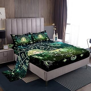 Virgo Kids Sheet Full Size,12 Constellations Astrology Zodiac Trippy Bedding Set,Girls Boys Adults Room Decor,Sun Moon Starry Sky Galaxy Green Chic Bed Sheet Set 4pcs(Fitted + Flat + 2 Pillowcases)