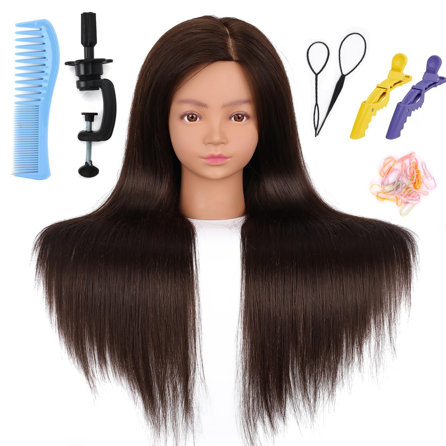 Mannequin Head with 80% Mix Hair 28 Inch, Cosmetology Training Head for Hair Braiding, Styling, hair cutting Practice – Doll Head with Clamp (Middle Brown, 28In)