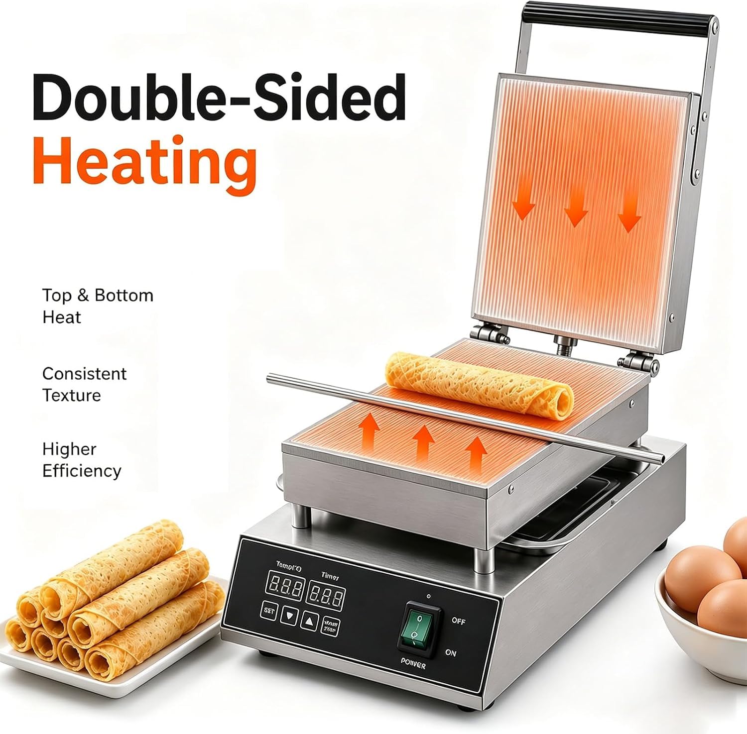 Macchina elettrica per rotoli di uovo da 1650 W, in acciaio inox, con piastre riscaldanti su entrambi i lati, controllo digitale della temperatura e timer, ideale per caffetterie
