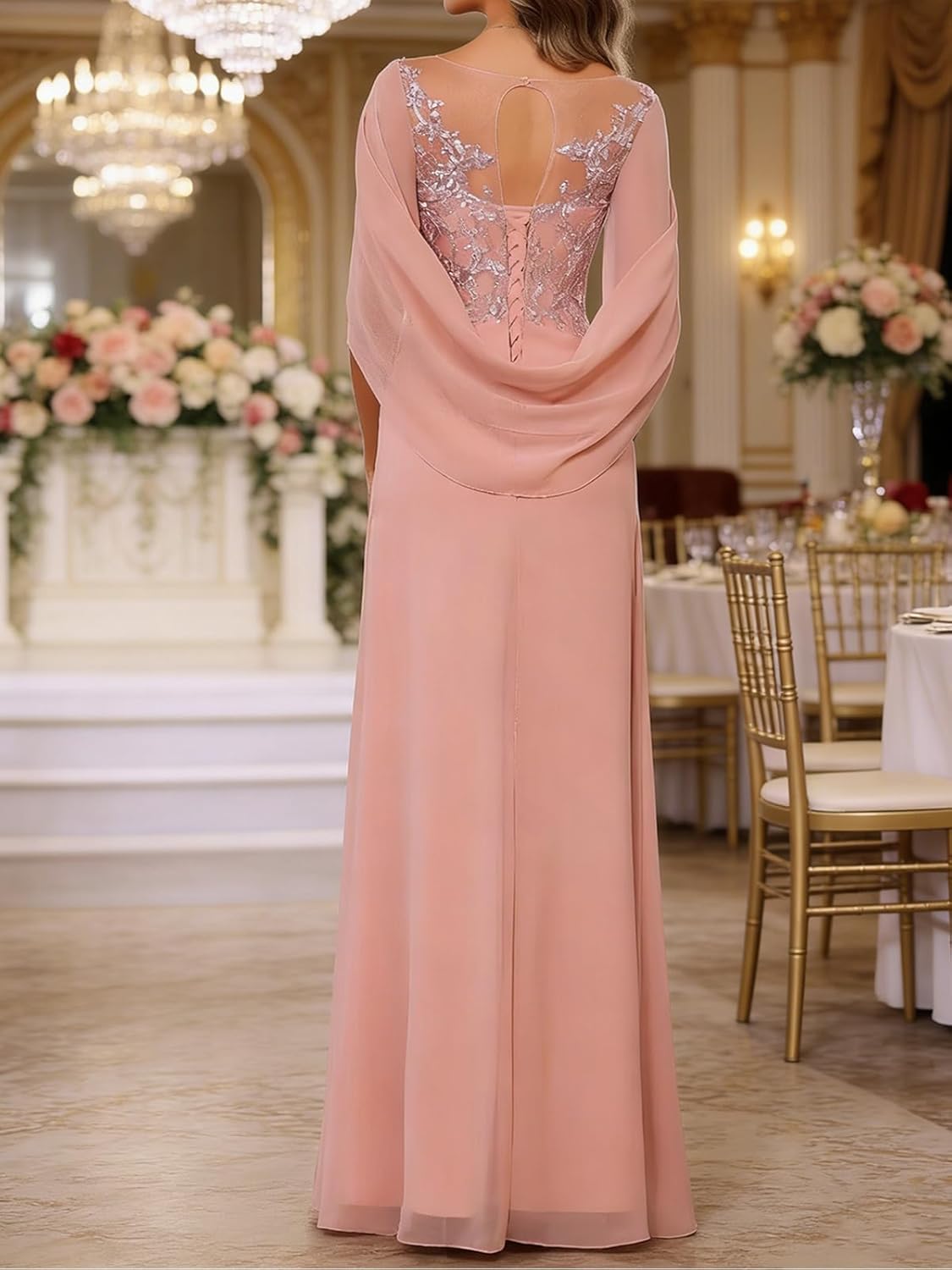 Chiffon Mother of The Bride Dresses for Women 2026 A-Line Cape Sleeve Lace Applique Formal Evening Gown - Image 6