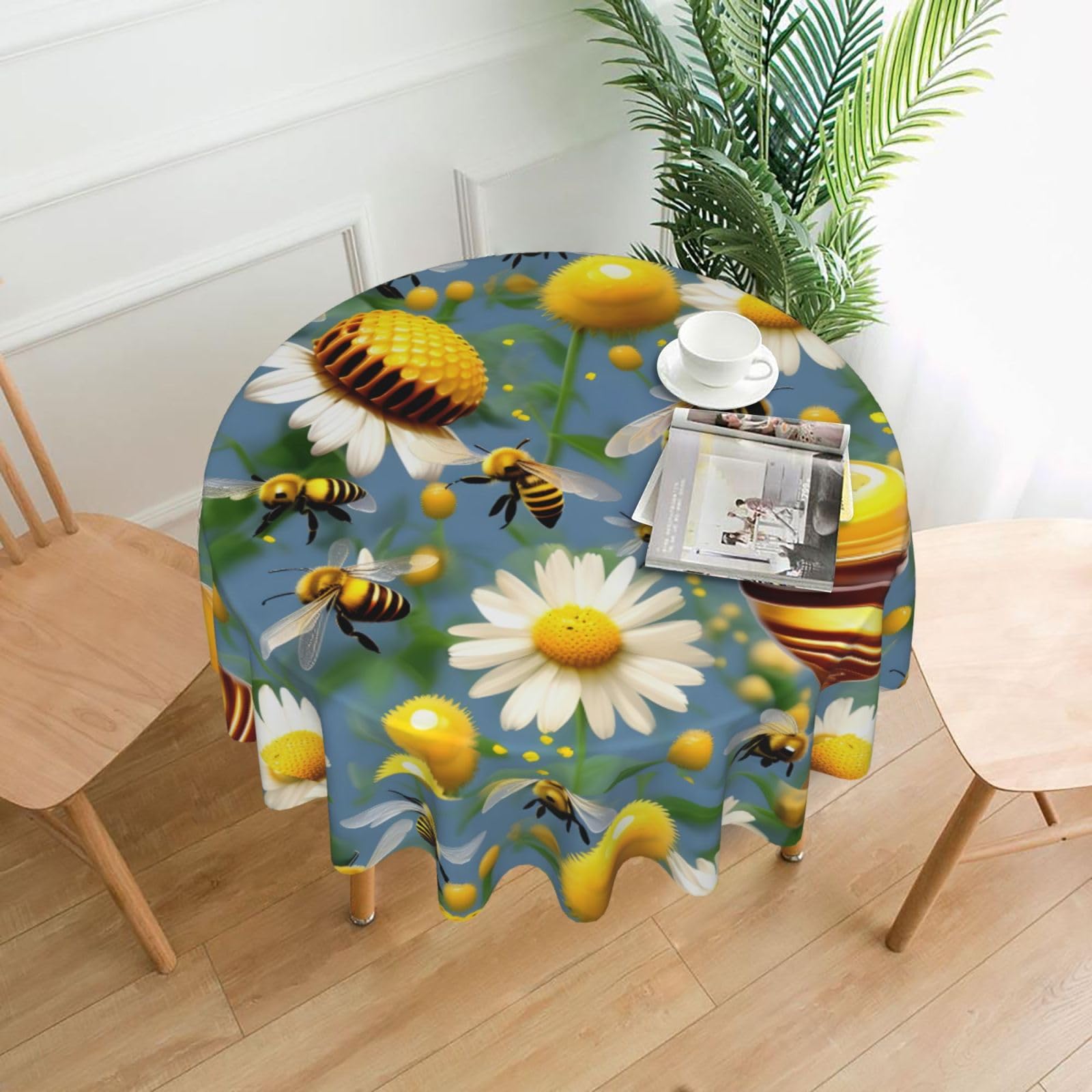 Nbtghga Flying Bees Daisy Honey Print Tablecloth Round Border Table Cloth Cover Decorative For Party Holiday Dinning Tabletop Home