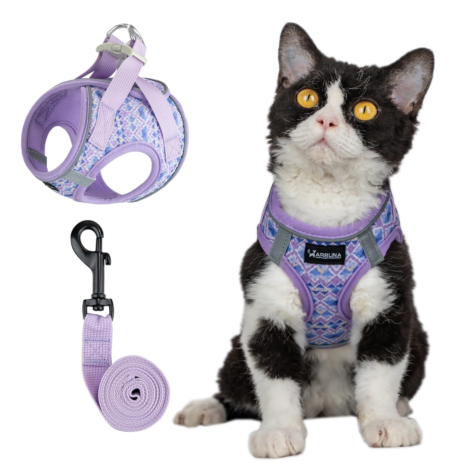 Arblina Katzengeschirr, Weich & Atmungsaktives Katzengeschirr-Set mit Reflex, Leichtes Katzengeschirr Ausbruchsicher mit 1,5m KatzenLeine, Violett S