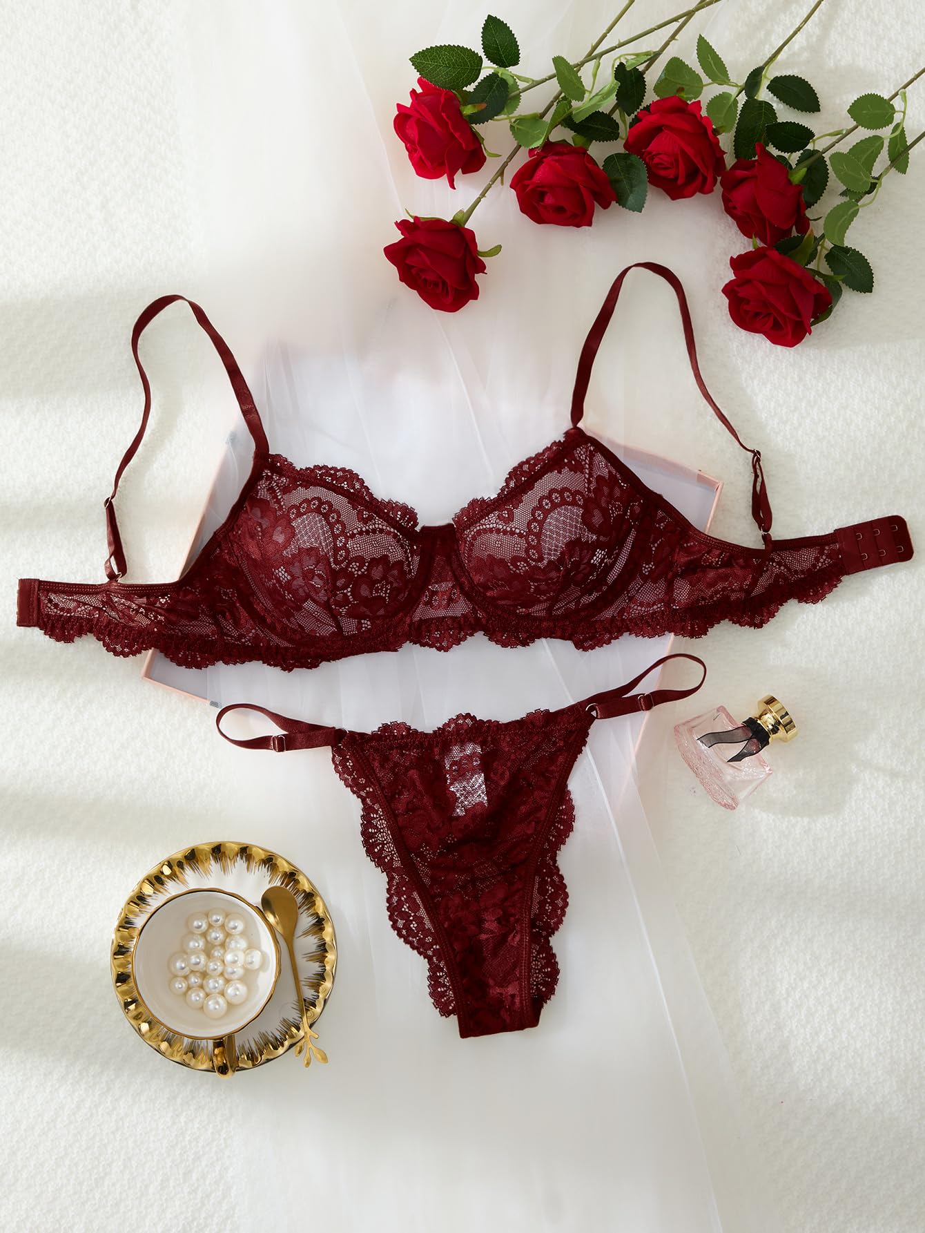 GXNRHG Sexy Bügel-Push-Up-Dessous-Set mit Muschelmuster und durchsichtiger Spitze für Damen, BH und Höschen, 2-teilig