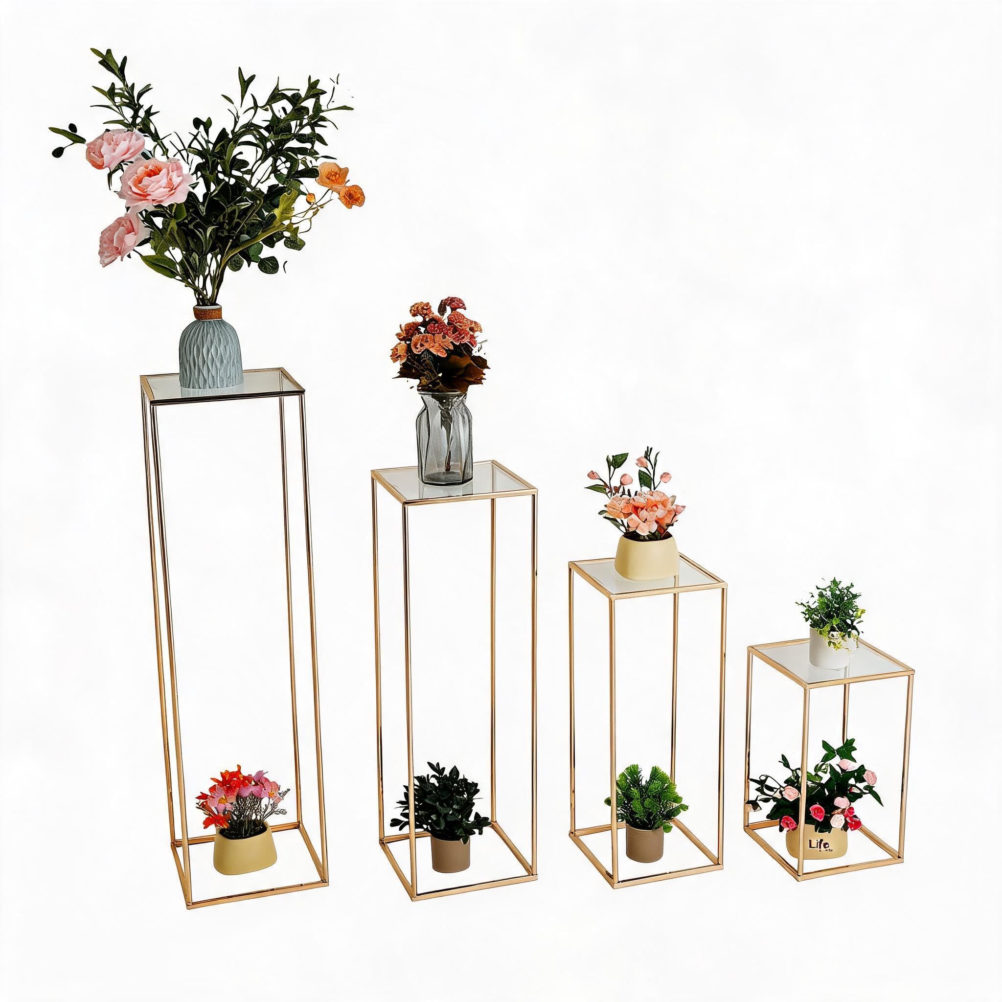 GarveeMore Modern Geometric Gold Metal Column Vase Stand – 4 Pack 60CM Tall Flower Display Pedestals with Acrylic Panels – Table Centerpiece for Wedding, Event, Home – Color: Gold, Size: 60CM