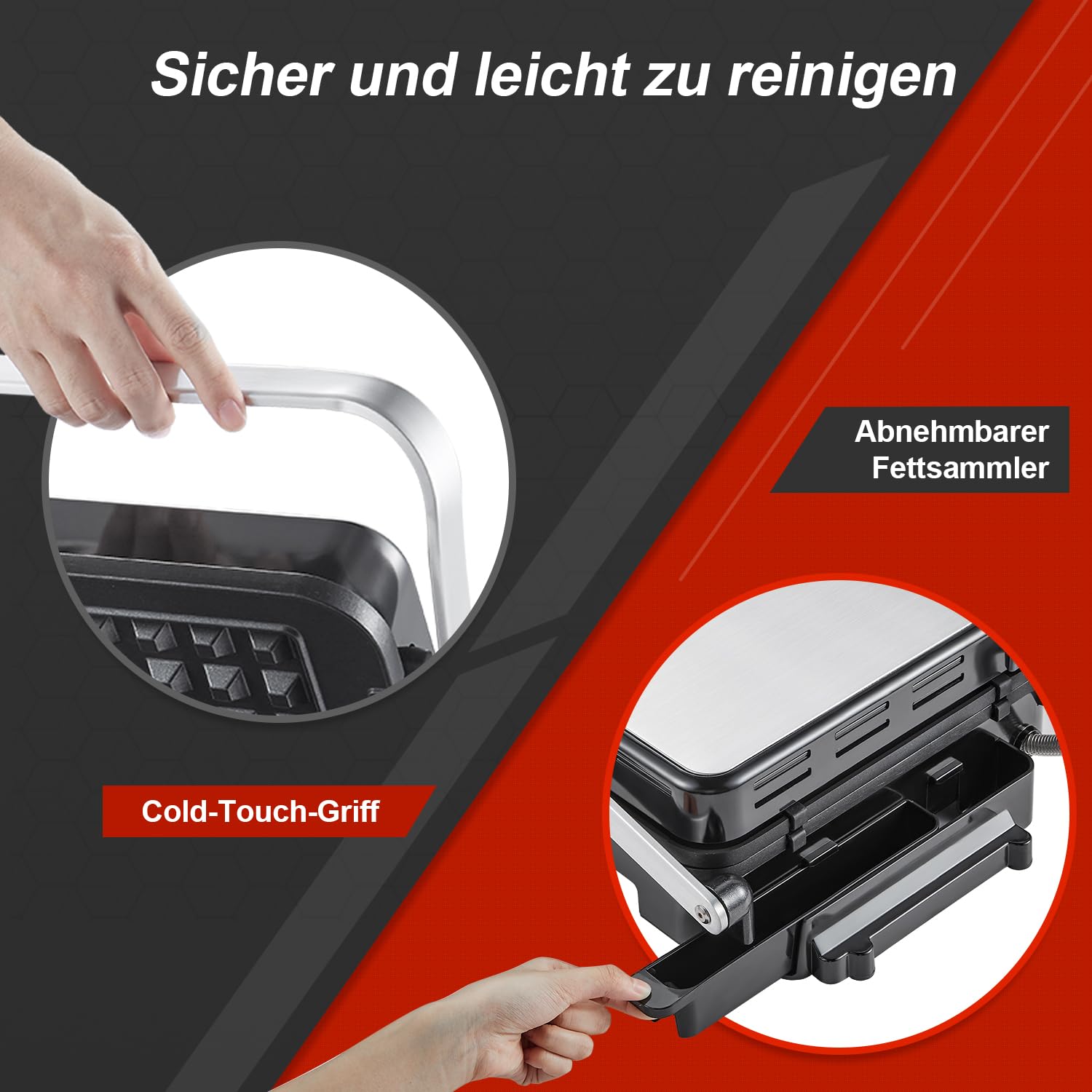 AMZCHEF Kontaktgrill XXL 2000W 4-in-1 Multifunktionsgrill mit Wechselplatten, Panini Grill, Waffeleisen & Sandwichmaker, 80–230°C, Timer, 180° Tischgrill, Antihaft