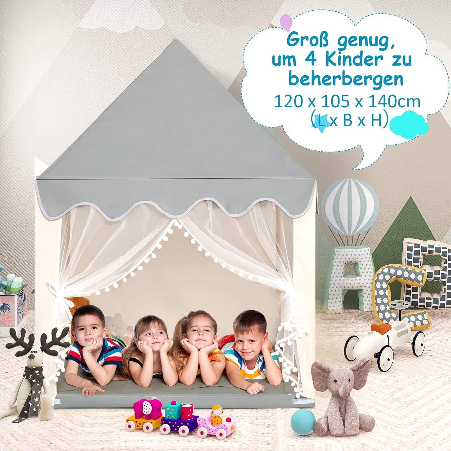 GOPLUS Spielhaus Kinder Indoor, Kinderzelt mit gepolsterter Matte, 2 Fenster, Vorhänge, Hausform Spielzelt für Kleinkinder, Zelt Kinderzimmer mit Holzrahmen für Kinder ab 3 Jahren (Grau+Beige)