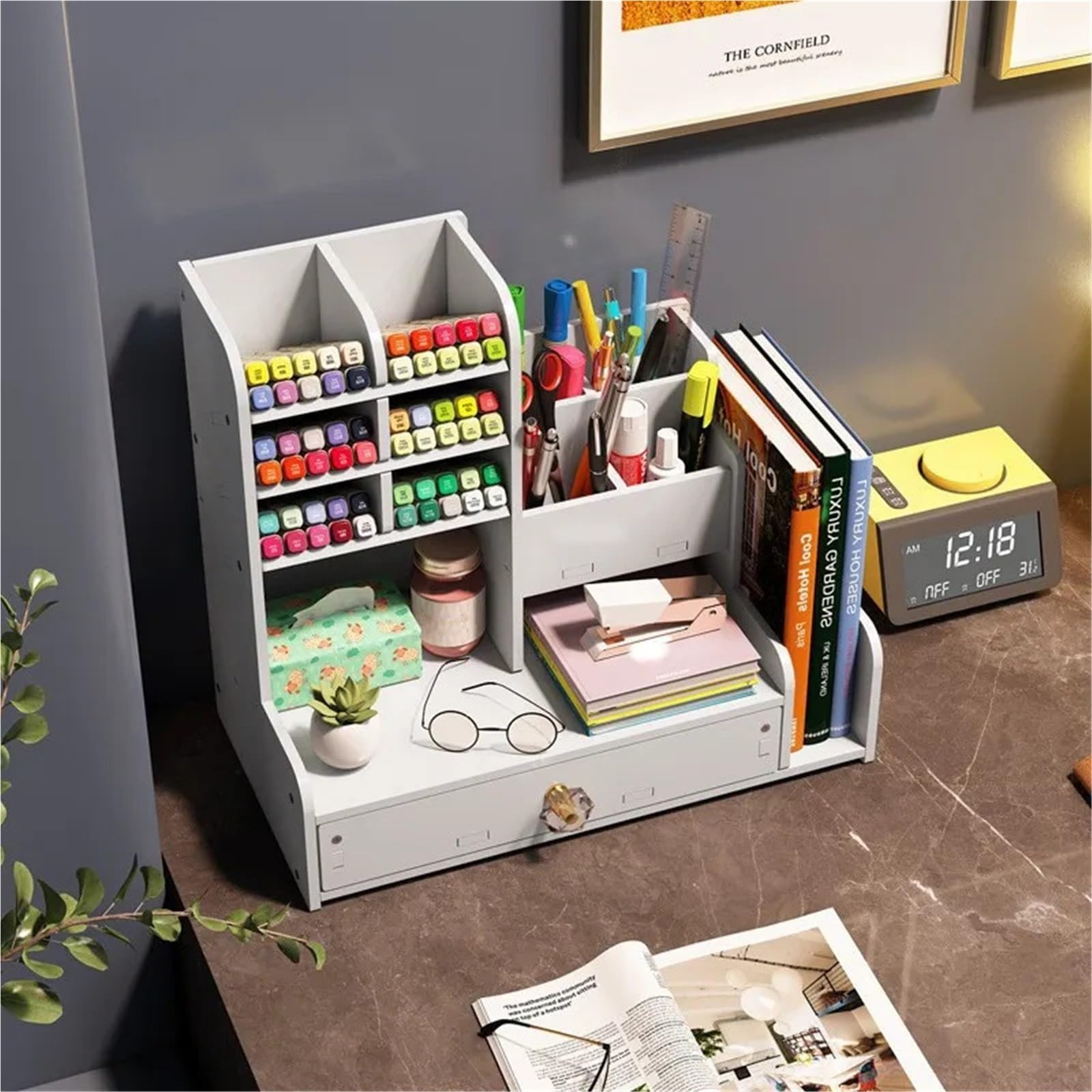 Estante De Almacenamiento De Rotuladores Caja de almacenamiento multifuncional for bolígrafos, estante de inserción oblicua for estudiantes de pintura, estilo cajonera, suministros de oficina, 1 Uds.