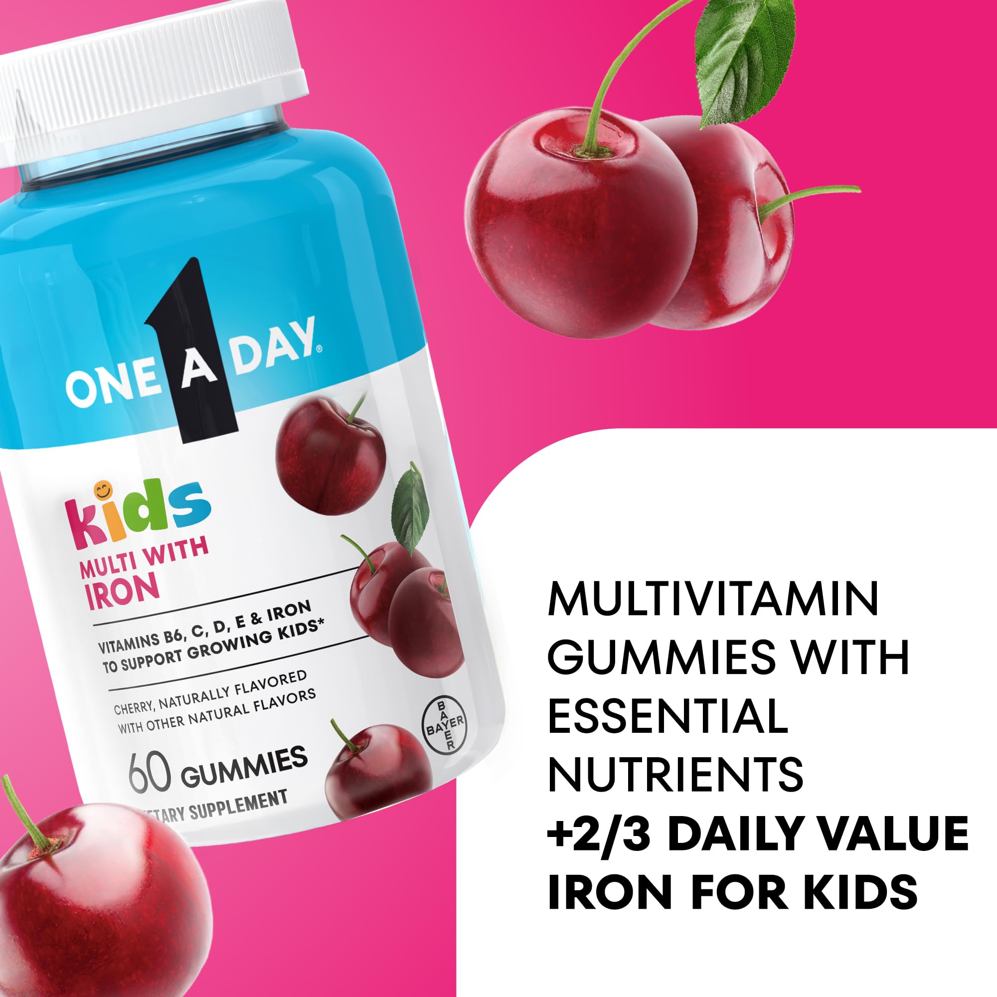 One A Day Kids Multivitamin with Iron Gummy, Vitamin D, Vitamin C, E, Zinc for Immune Support, Gummy Vitamins, Kids Multivitamin Gummies with Iron, Cherry Flavor, 60 Count (Packaging May Vary) — Amazon image 3