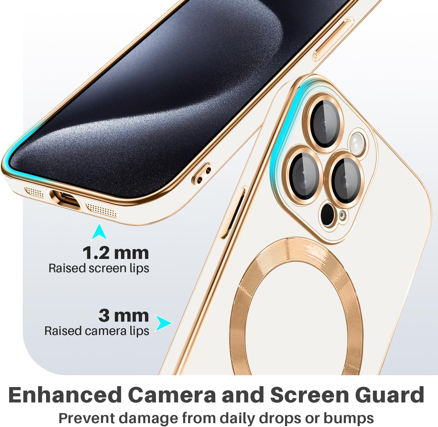 Dinick Designed for iPhone 15 Pro Case with Magnetic [Built-in Camera Cover] Compatible with MagSafe Soft TPU Glitter Cover Anti-Scratch Protective Slim for iPhone 15 Pro Case White and Gold - Image 4