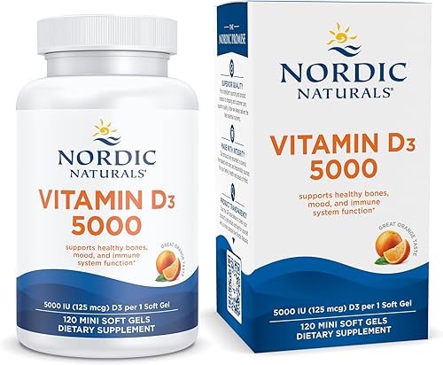 Nordic Naturals Vitamina D3 5000 naranja - 120 mini geles suaves - 5000 UI de vitamina D3 - Apoya los huesos saludables el estado de ánimo y la