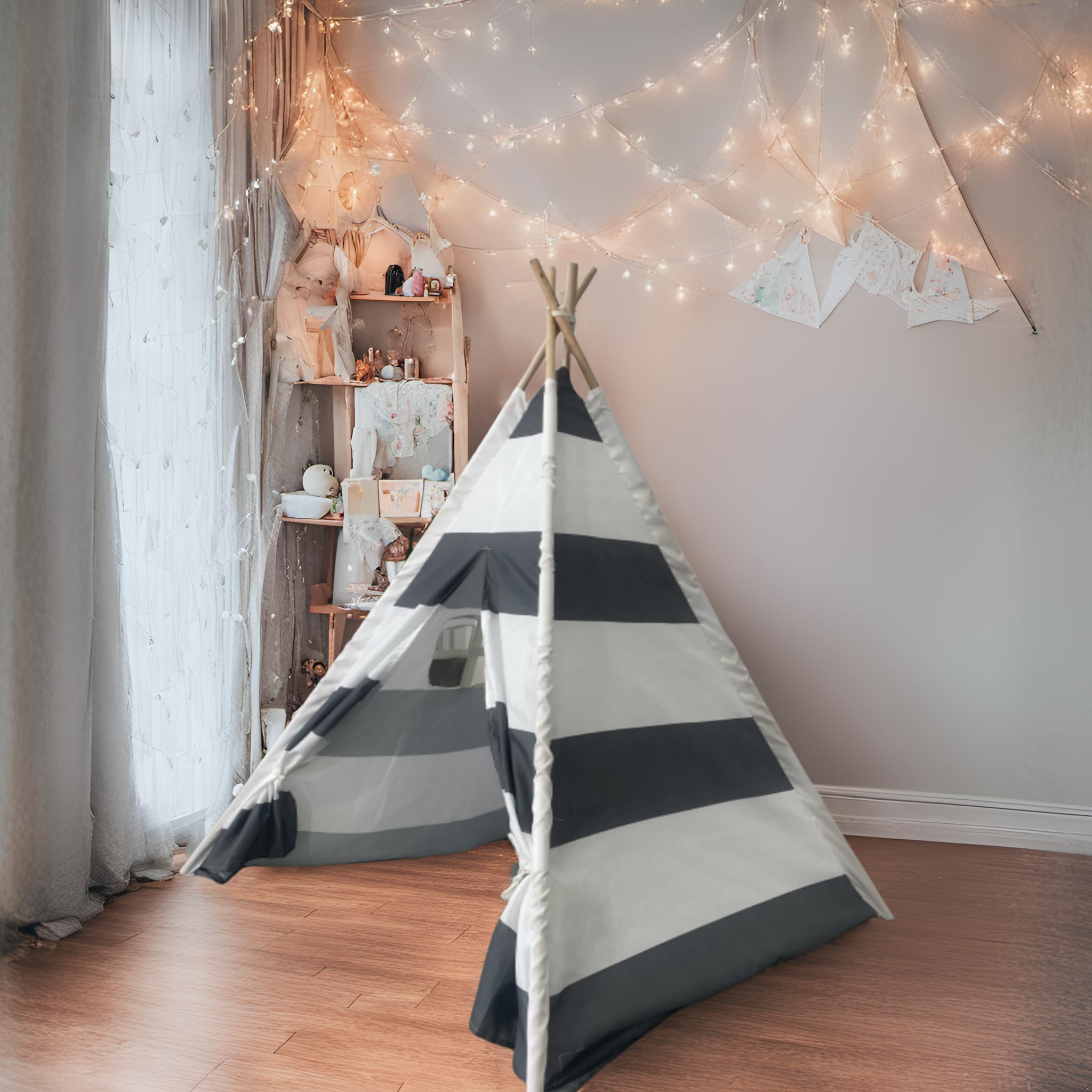 Benebomo Tipi prop Tent, Grey and White Stripes, Teepee Play Tent,India wigwam tent garden Outdoor,Indoor Playhouse,43 * 43 * 55in - Image 2