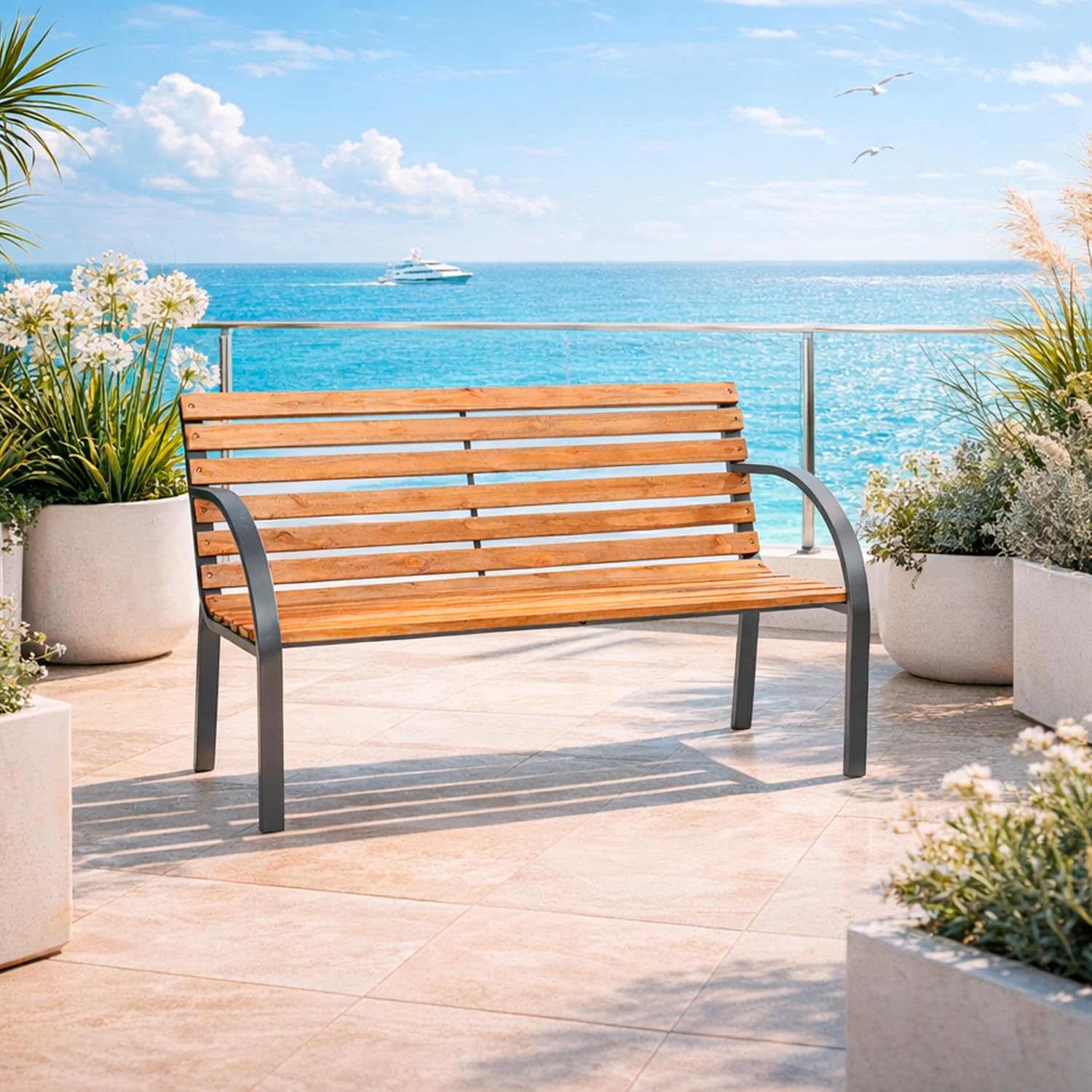 Monrovia Panchina da Giardino 2 Posti in Legno di Abete e Acciaio Verniciato Panca da Esterno Design Moderno Resistente con Braccioli Comoda per Terrazzo Balcone e Giardino 119.5 x 62 x 83 cm