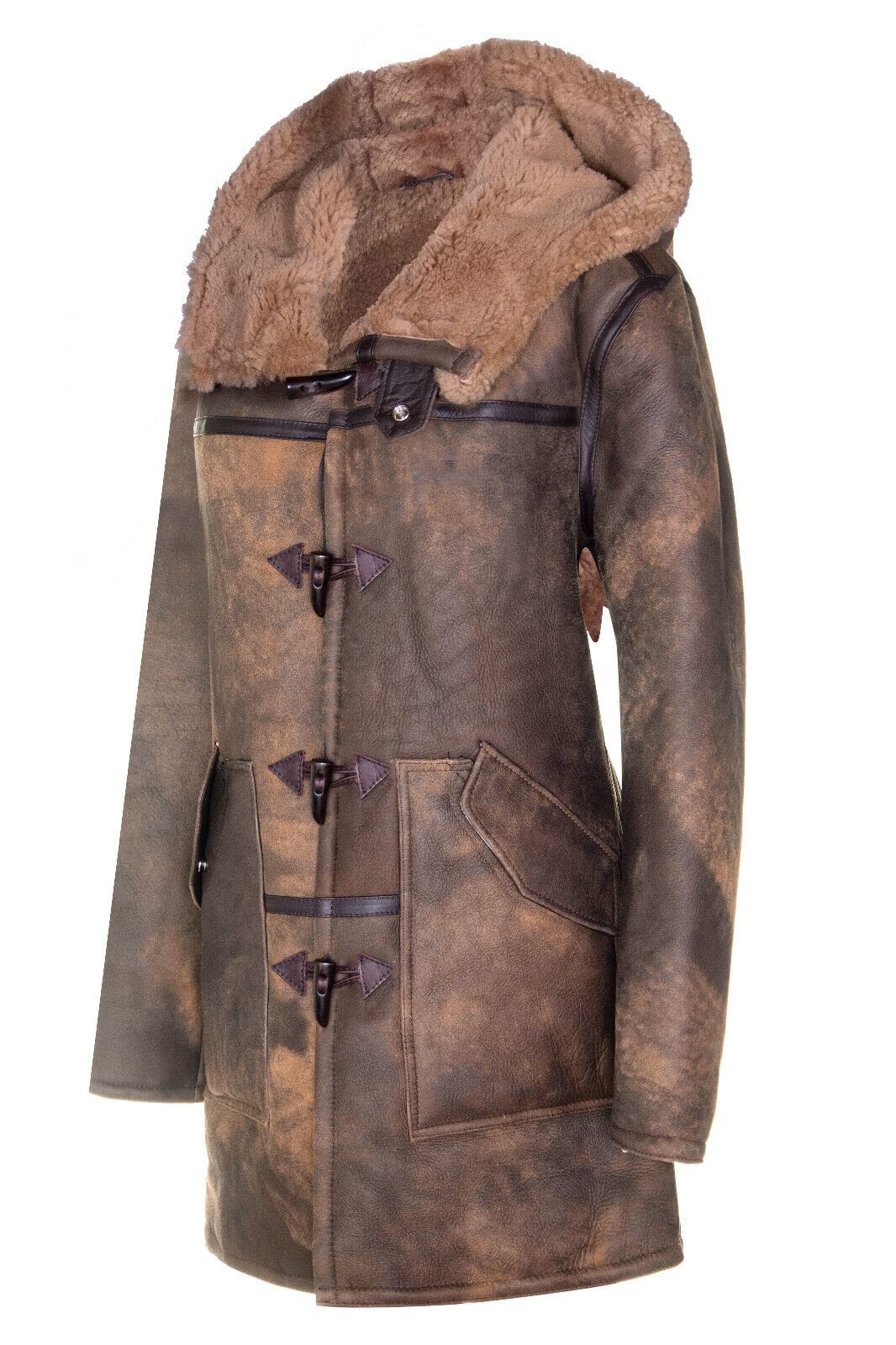 Infinity Leather Herren Dufflecoat aus Antikbraunem Schaffell-Leder, Neuer Winter, Echtes Lammfell