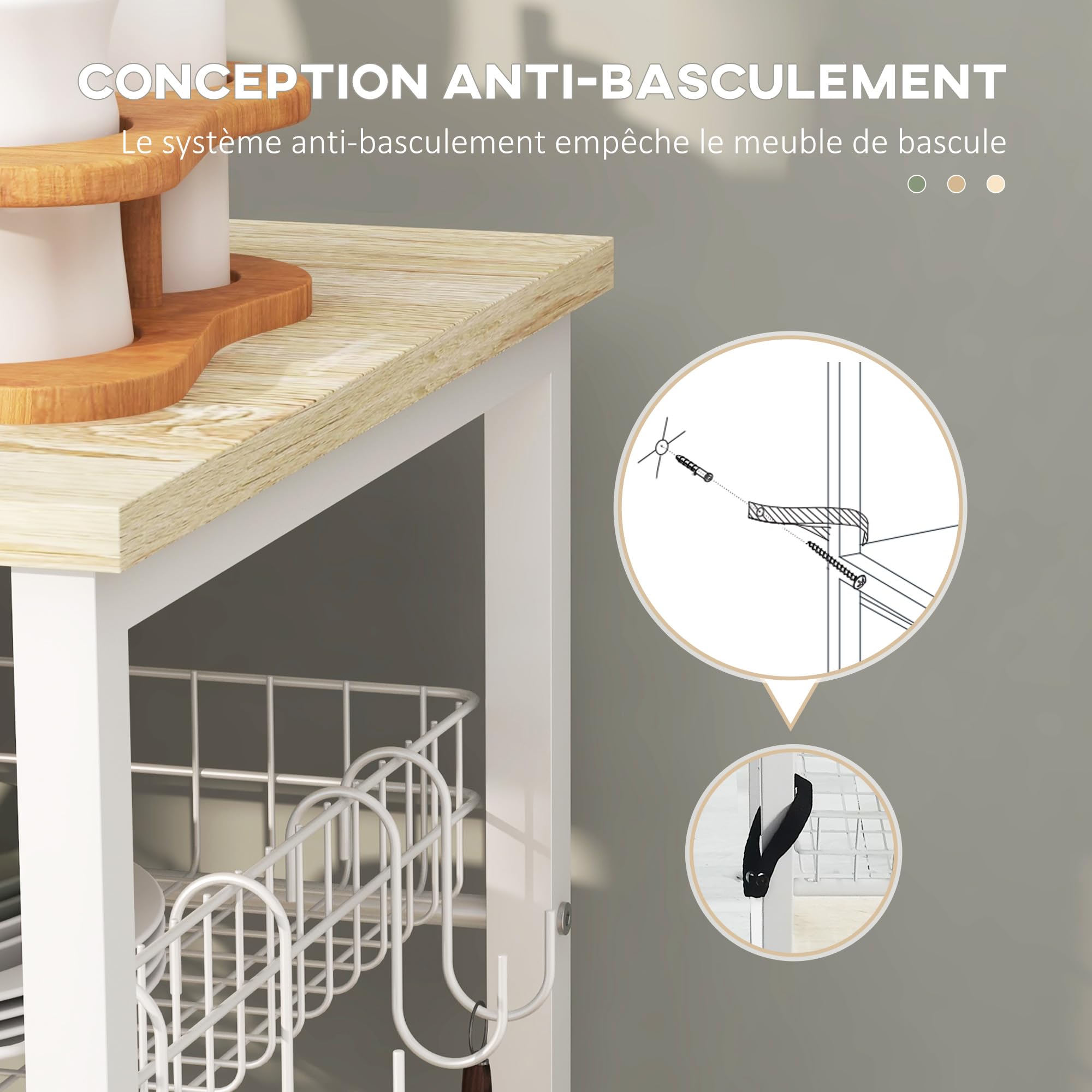 HOMCOM Estantería de Cocina Moderna Estante de Cocina con 1 Cesta 4 Ganchos en S 6 Almohadillas de Pie Ajustables y Estantes 90x40x84,5 cm Roble y Blanco