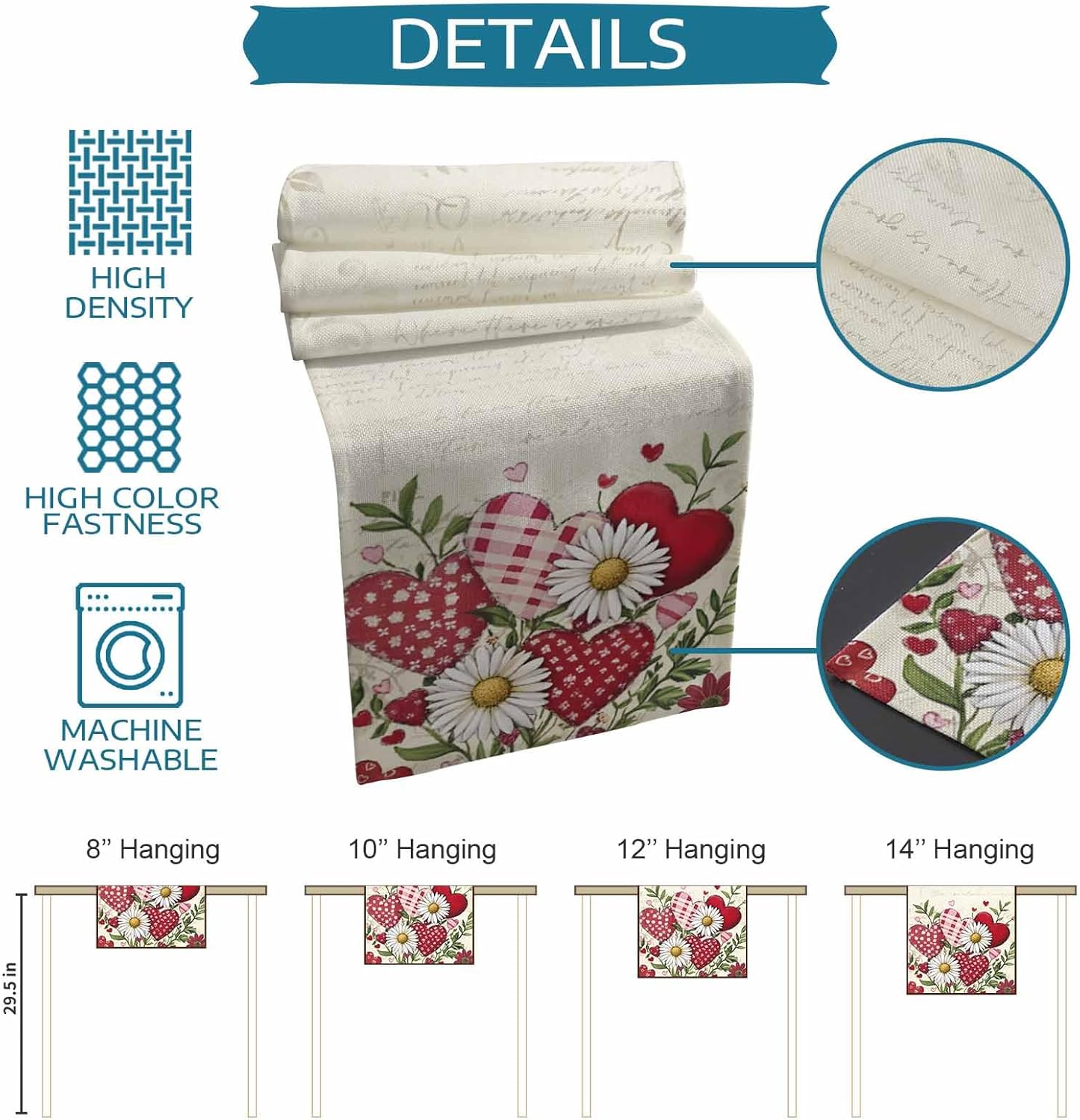 Valentine's Day Floral Table Runner 120 Inches Long Daisy Heart Shaped Flowers Coffee Table Runner Romantic Vintage Kitchen Dining Table Decoration for Indoor Outdoor Home Party Holiday 13 x 120 Inch