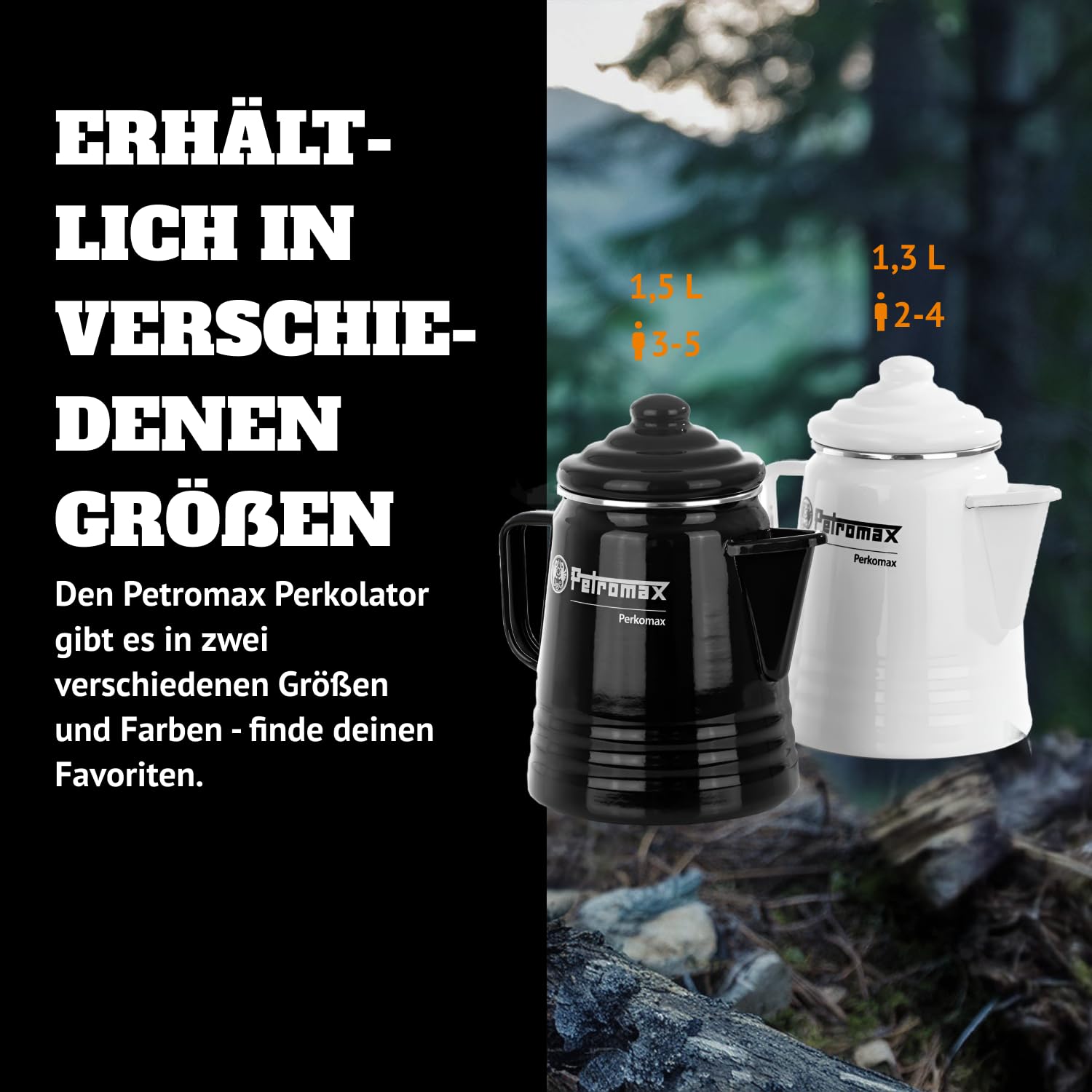 Petromax Perkomax Perkolator, Kaffee & Teekanne, emailliert, 9 Tassen, für Camping & Herd - 1,5 Liter schwarz