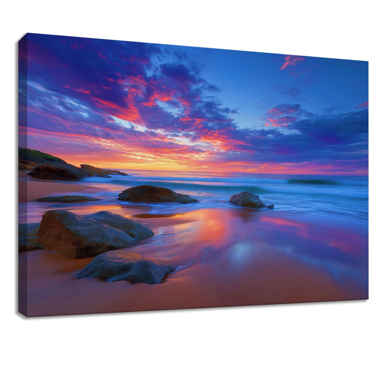 Obraz ścienny natura wybrzeże obraz na płótnie - płótno ścienne 120 x 80 cm druk na płótnie z plażą wieczorną czerwień chmury, oprawiona sztuka ścienna do salonu i sypialni, dekoracja ścienna