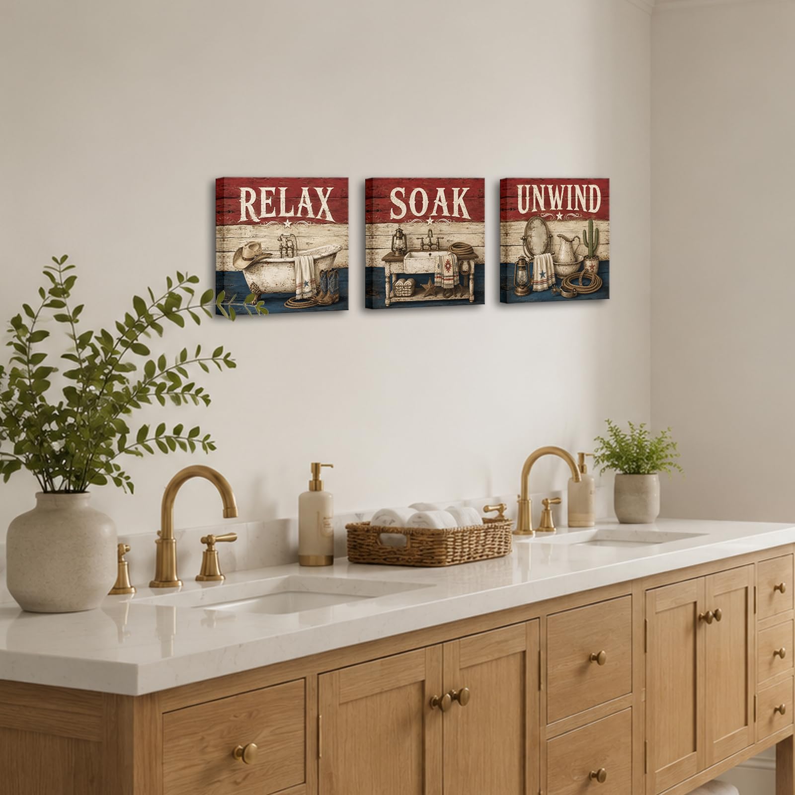 Conipit Decorazione da parete rustica occidentale per bagno, relax, rilassati, decorazione da parete per casa colonica, con vasca da bagno, accessori occidentali, stampe da parete in stile country