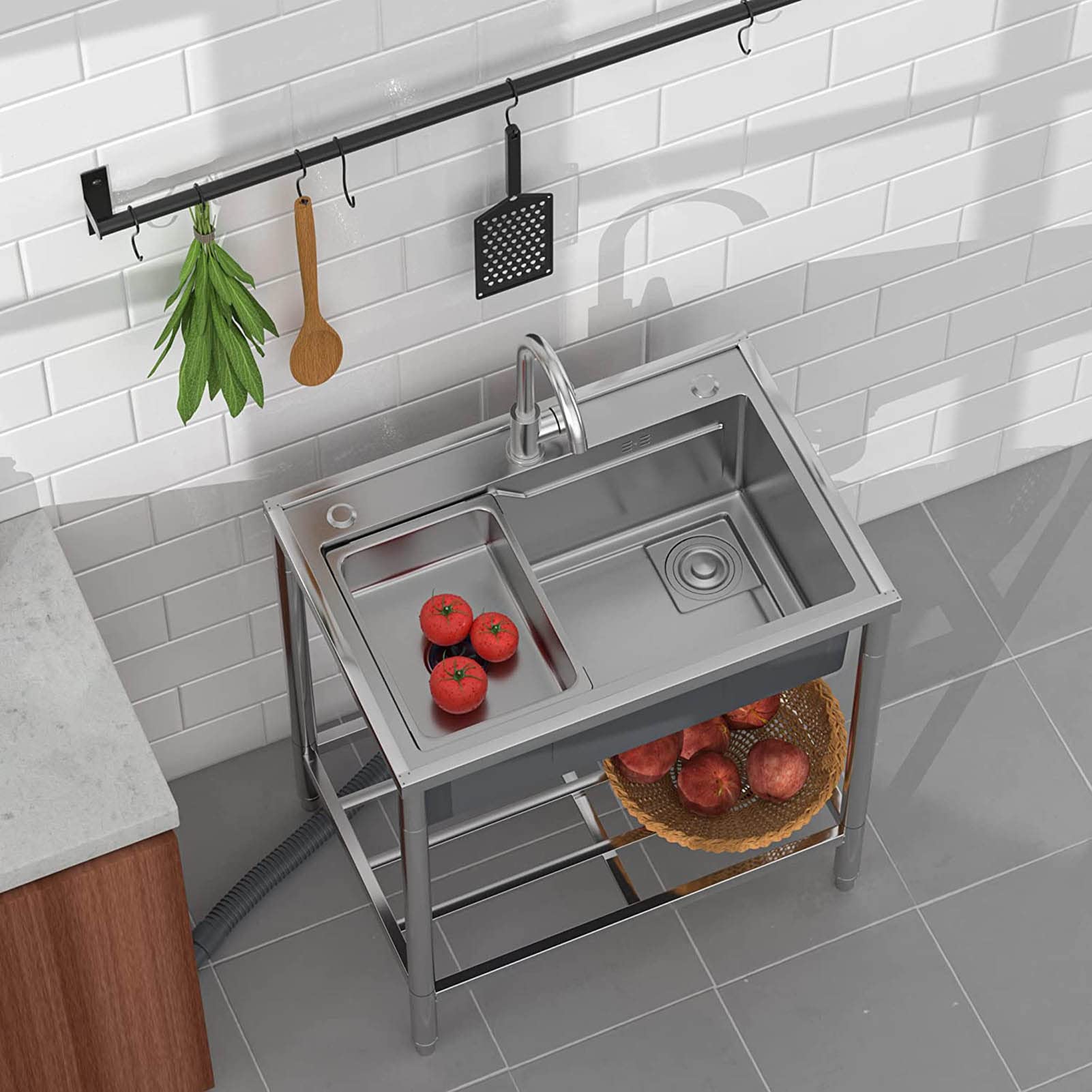 Bac utilitaire simple en acier inoxydable 304 sur pied avec robinet eau chaude et froide