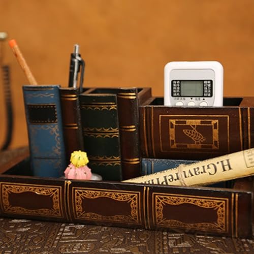Miniatura 5 de Diseño de libros antiguos de biblioteca soporte para bolígrafos para escritorio, organizador decorativo con cajón de almacenamiento inferior,