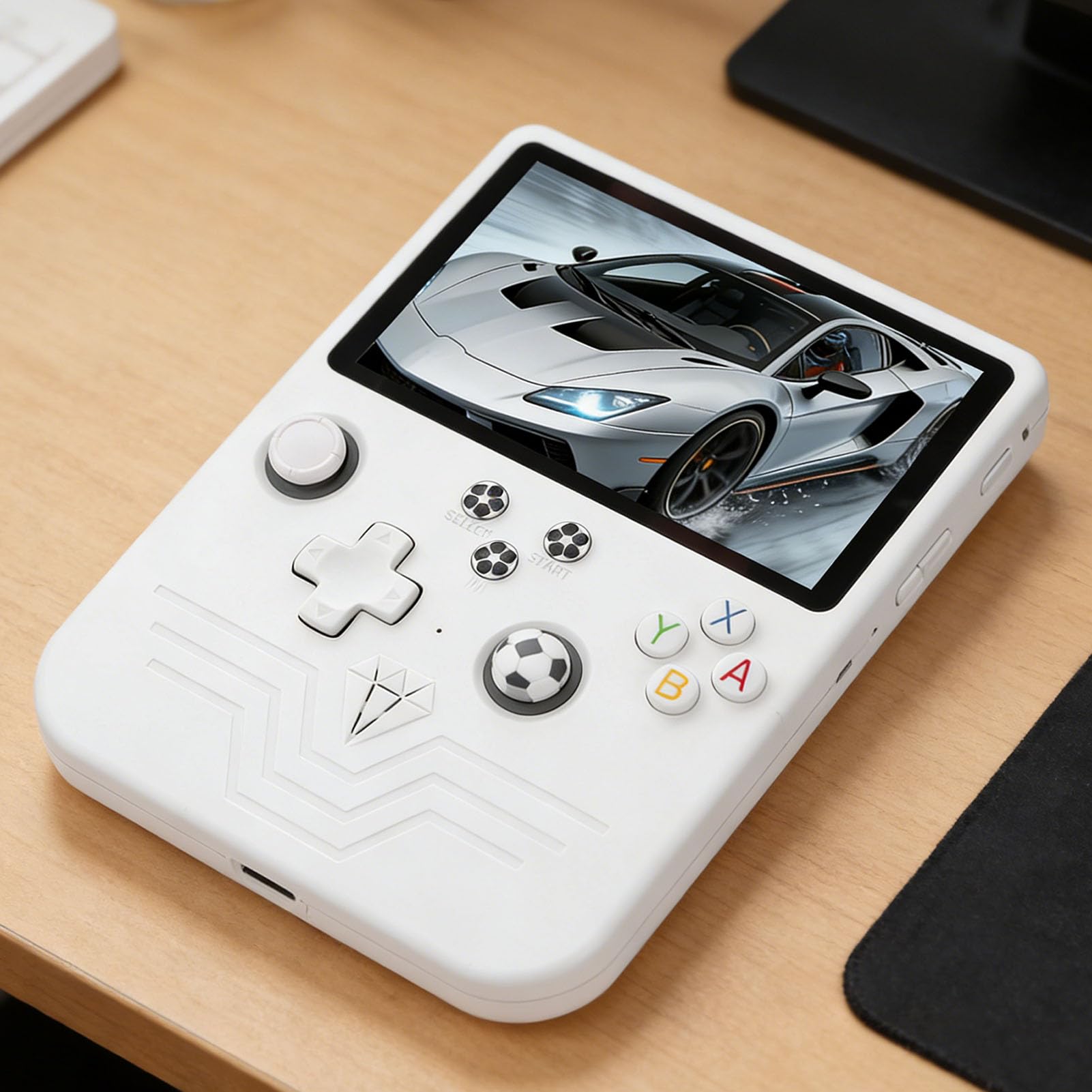 KKPLZZ Tragbare Retro-Spielkonsole mit 6-Zoll-HD-Bildschirm, 6000-mAh-, Zwei RGB-Joysticks, Unterstützung für über 30 Emulatoren und 128-GB-Karte (Weiß)