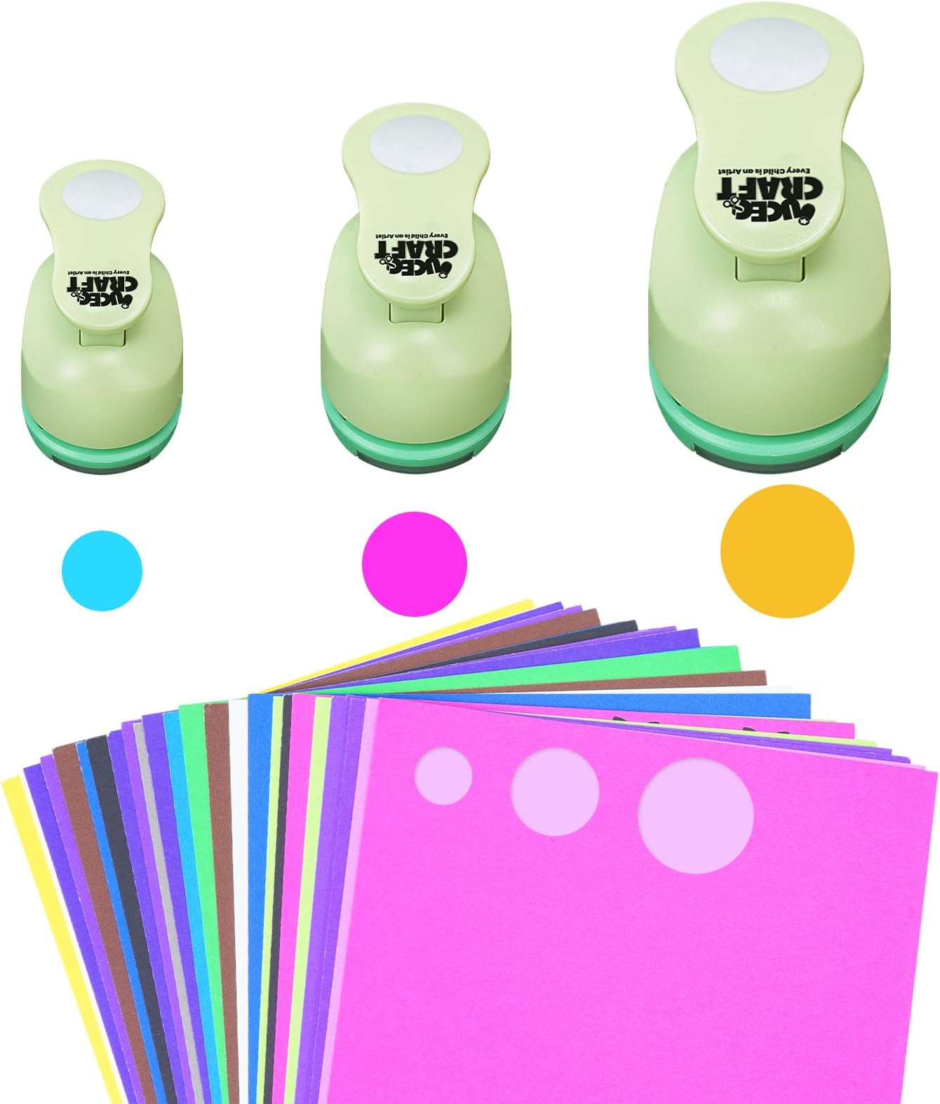 UCEC Circle Cutter, 3 Pcs Circle Puncher, 1 3/8 5/8 Inch Craft Hole Punch with 30 Pcs Colorful Paper, Hole Puncher Paper Cutter for Crafting Card, Making Scrapbook Craft, DIY Office Supplies