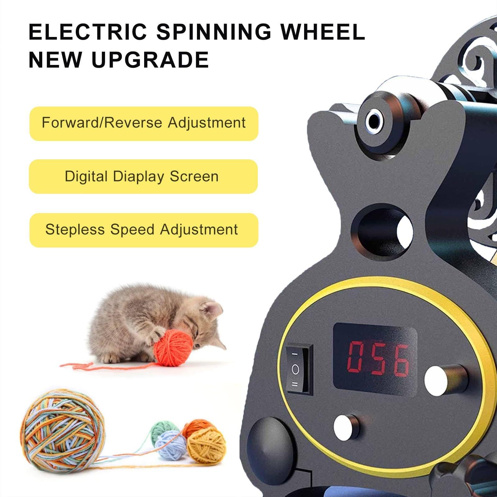Mini rueca eléctrica, bobinadora de bolas de hilo para tejer, máquina de torsión de fibra doméstica de velocidad ajustable para tejer, mezclar y hacer manualidades con hilo,Black+Yellow