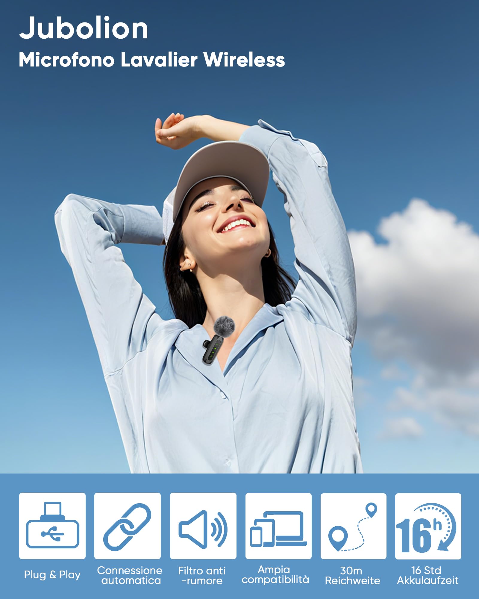Microfono Lavalier Wireless per iPhone/Android/PC (Lightning/USBC/USB A), 2 Pack LED Display Mini Microfono Bluetooth con Mute/Reverb/Riduzione del Rumore per YouTube/Vlog (USBC+Lightning)