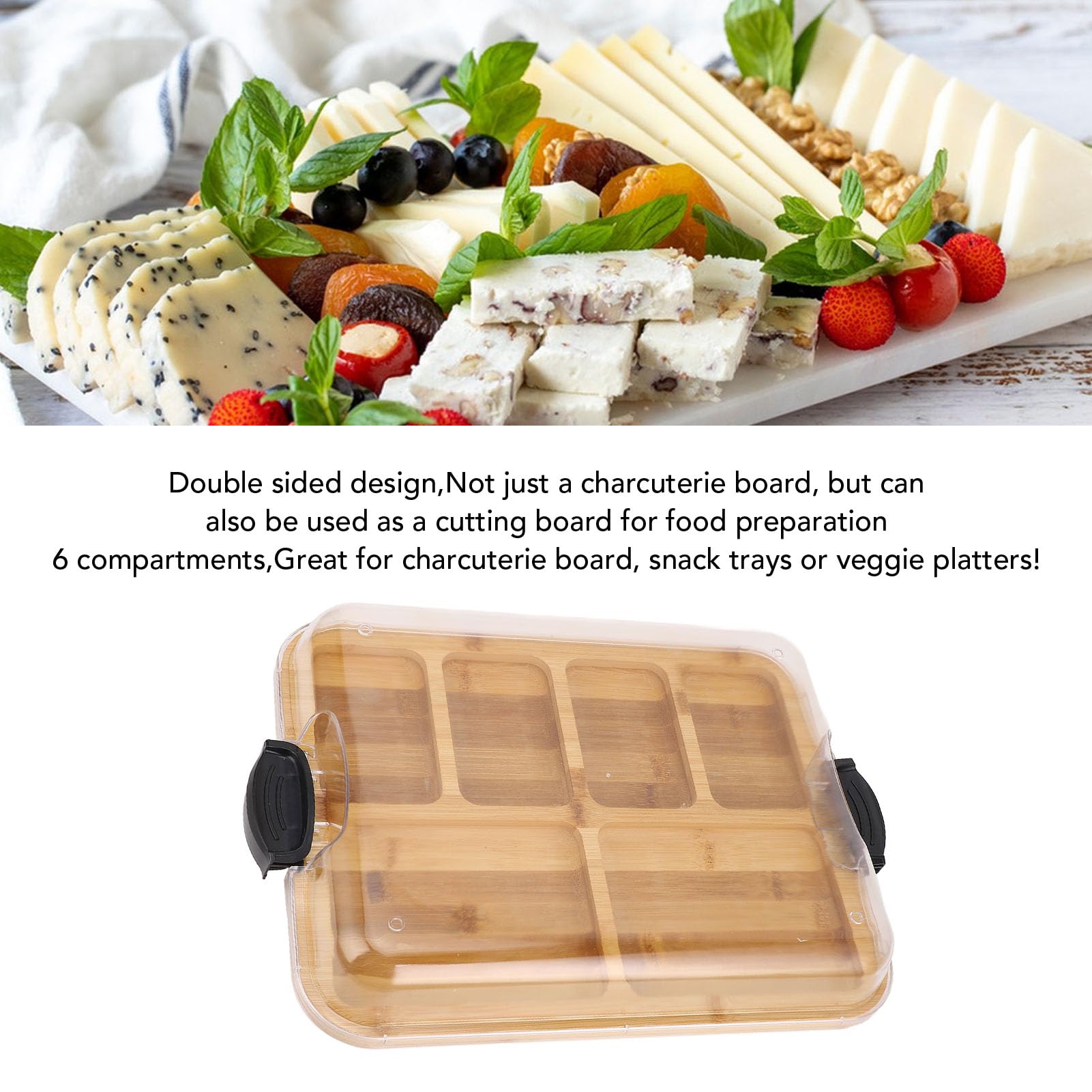 Tabla de Embutidos con Tapa, Tabla de Queso y Tabla de Cortar de Madera de bambú, 6 Compartimentos para Presentación de Embutidos, con Tapa Transparente con Cierre para Regalo
