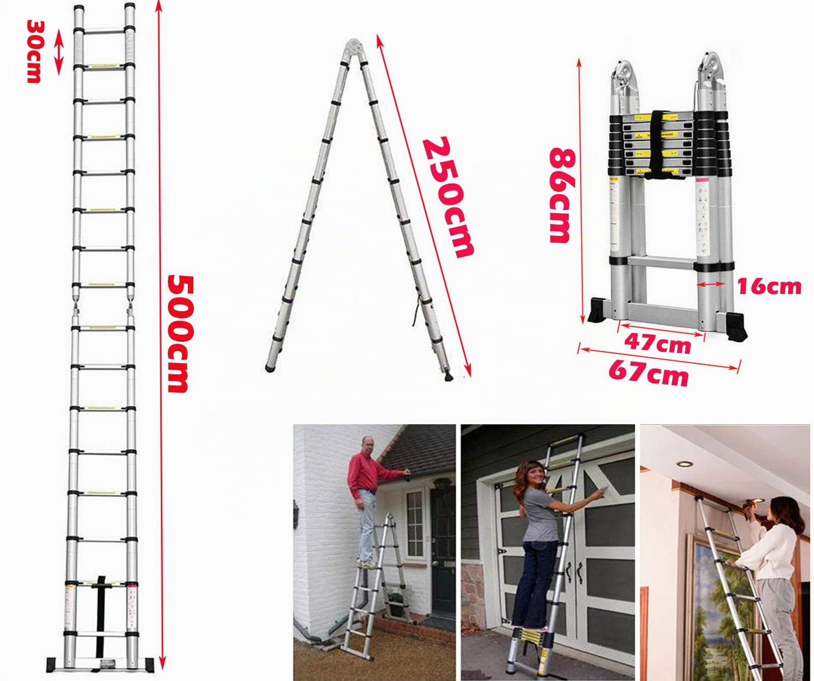 Teleskopleiter 5m mit Stabilisatorstange Aluleiter Klappleiter EN131-zertifizierte Klapp - und Anlegeleiter 16 Sprossen - 93cm bis 5m Anlegeleiter, 150 kg Belastbarkeit (2.5+2.5M)