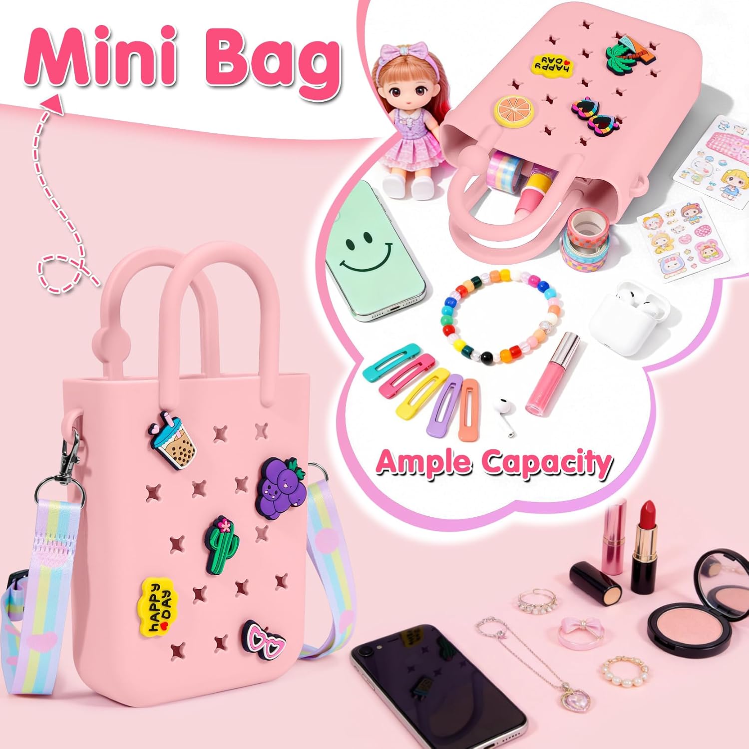 Mini Rubber Tote Bag with 20 Charms & Adjustable Shoulder Strap,Silicone Beach Tote for Little Girl & Women