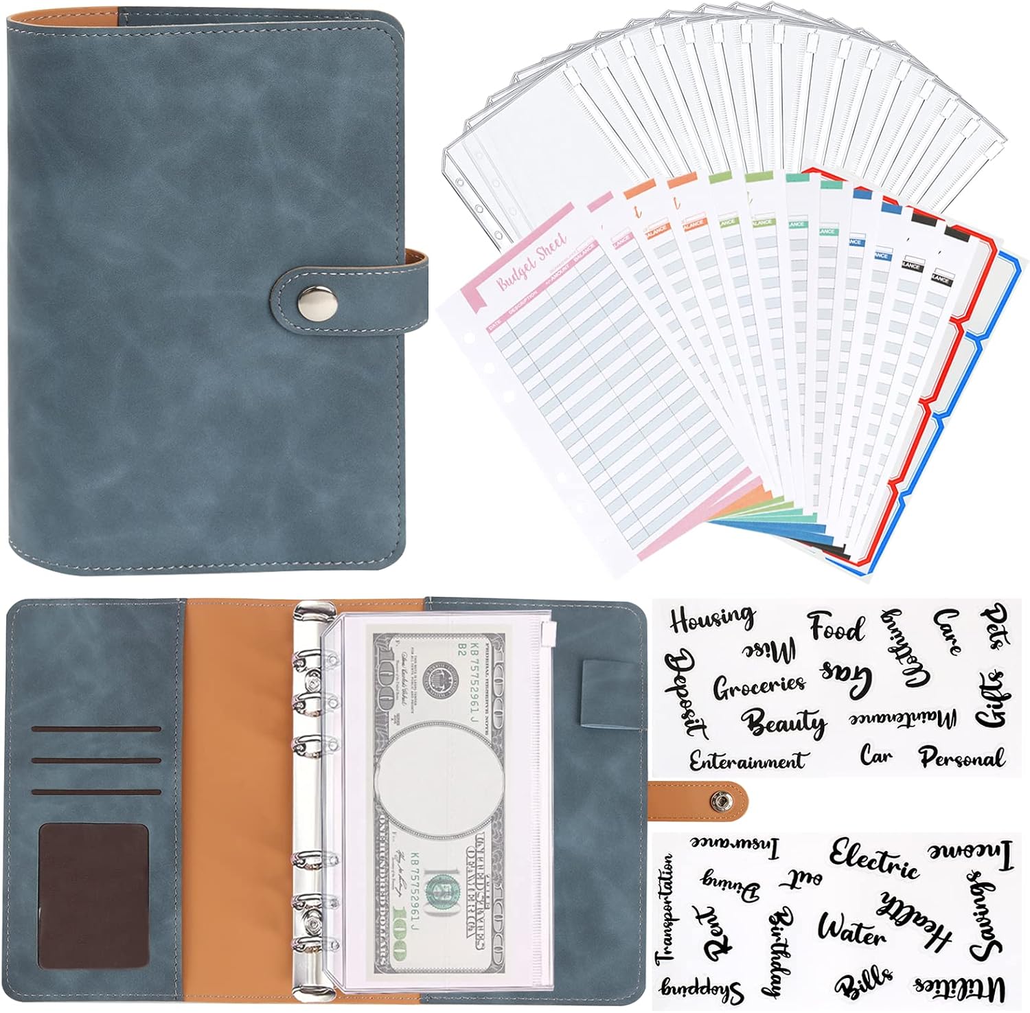 A6 Budget Binder, Soft PU Leather Notebook Binder Budget Planner Binder Cover with 16 Binder Pockets Cash Envelopes, 12 Expense Budget Sheets, 4 Shts Letter Sticker Labels for Bill Planner (Navy Blue)
