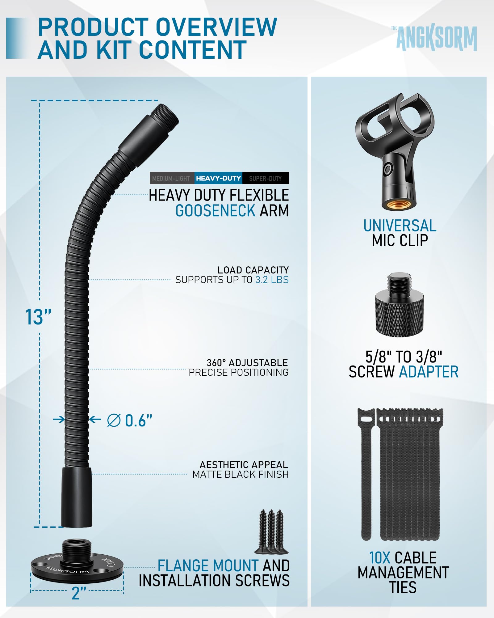 TMS-189 - Braccio per microfono da 33 cm, flessibile, a collo d'oca, con base di montaggio, per tavolo, pareti, podio, podcasting, streaming, radio Broadcast Studio, TMS-189