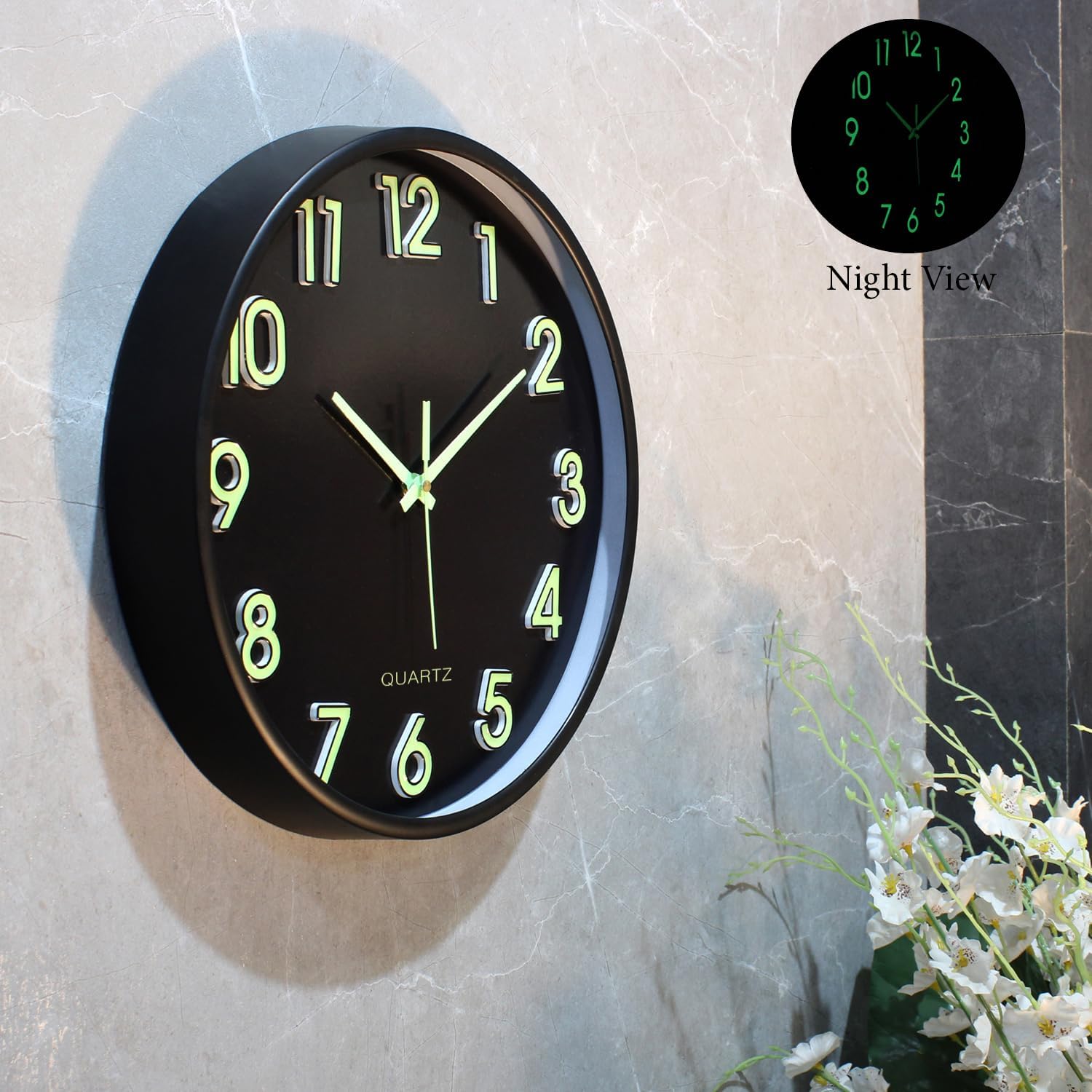 Amazon Brand- Solimo 12-Inch Analog Wall Clock – Luminous Night Glow-in-the-Dark Design, Radium Dial, Silent Non-Ticking Sweep 1