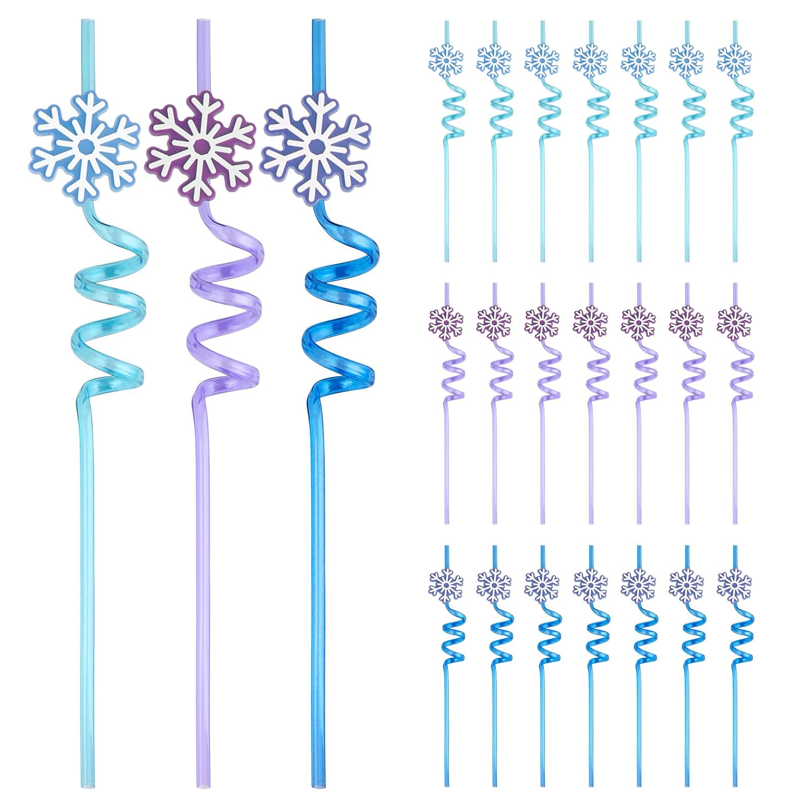 24 Pcs Reusable Snowflake Drinking Straws, Plastic Curly Straws for Frozen Theme Birthday Party Supplies, Winter Party Decorations and Party Favors for Kids and Adults