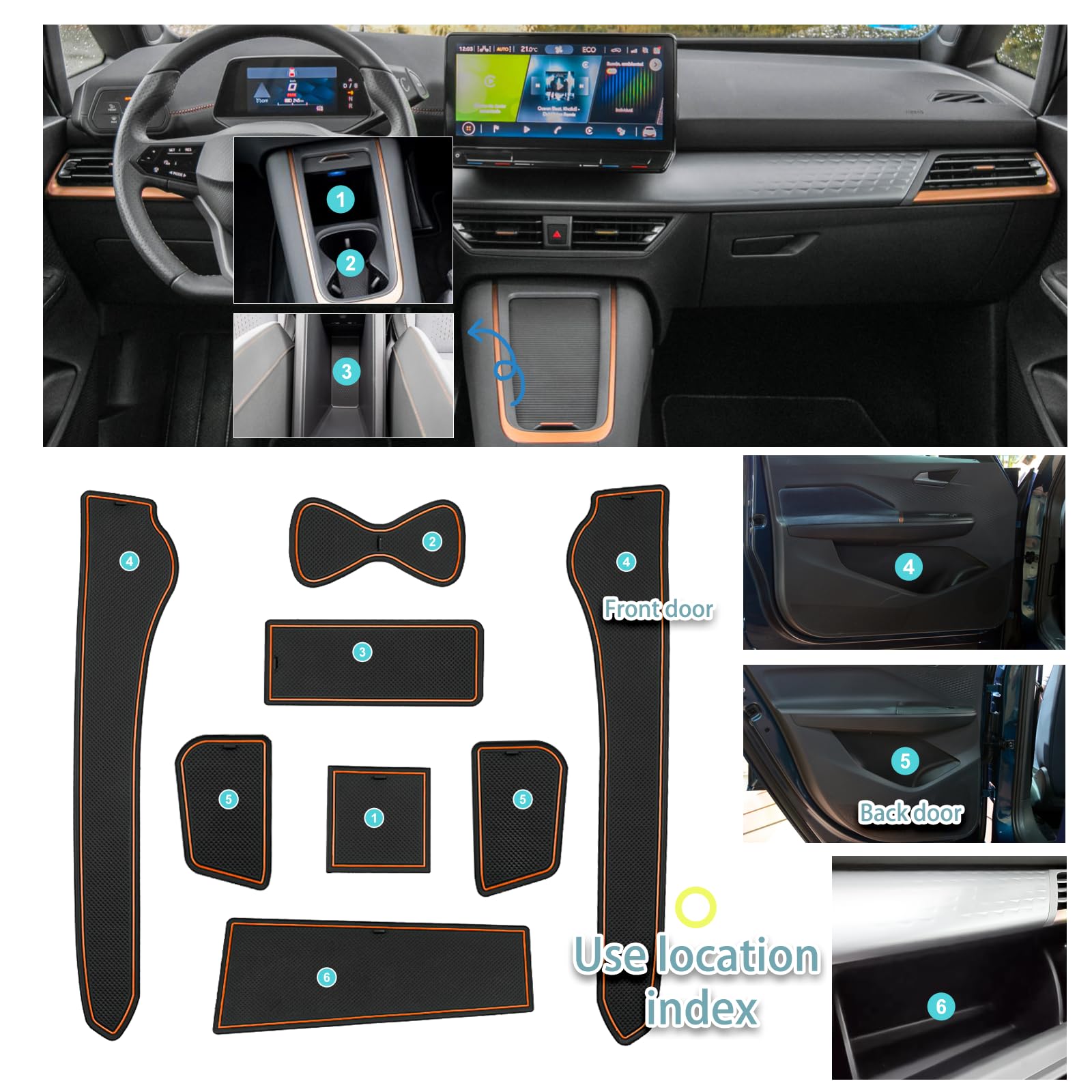 BIBIBO Tappetini antiscivolo compatibili con Seat Cupra Born 2022 – 2024, tappetini in gomma per console centrale, Cupra Born, antiscivolo, tappetini per auto (blu