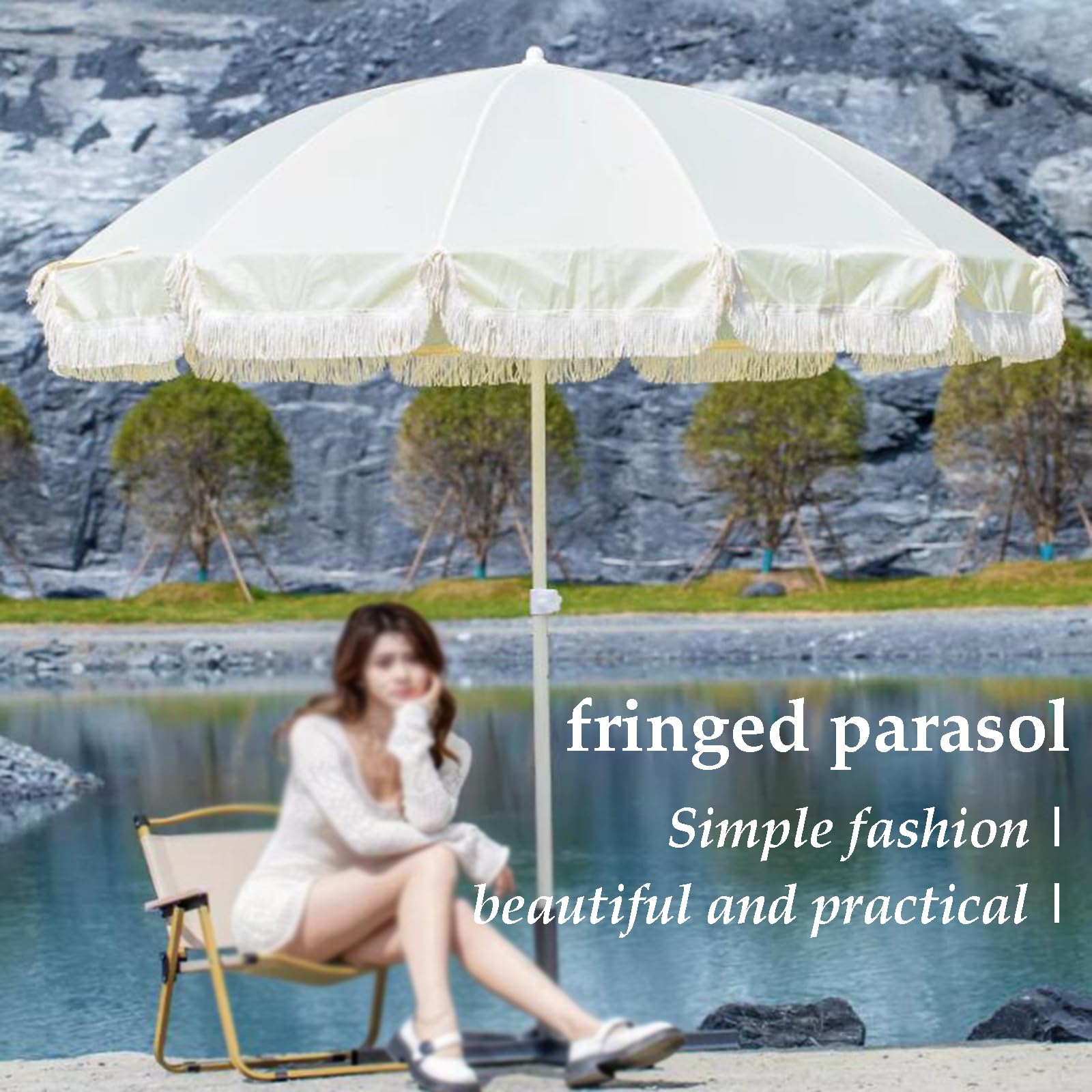 QYYZTQY Parasol ogrodowy Parasol ogrodowy z frędzlami Parasol ogrodowy z żelaznym słupkiem Parasol ogrodowy na zewnątrz Wycieczka do obozu Parasol Parasol z tkaniny poliestrowej 8 óp 12 żeber