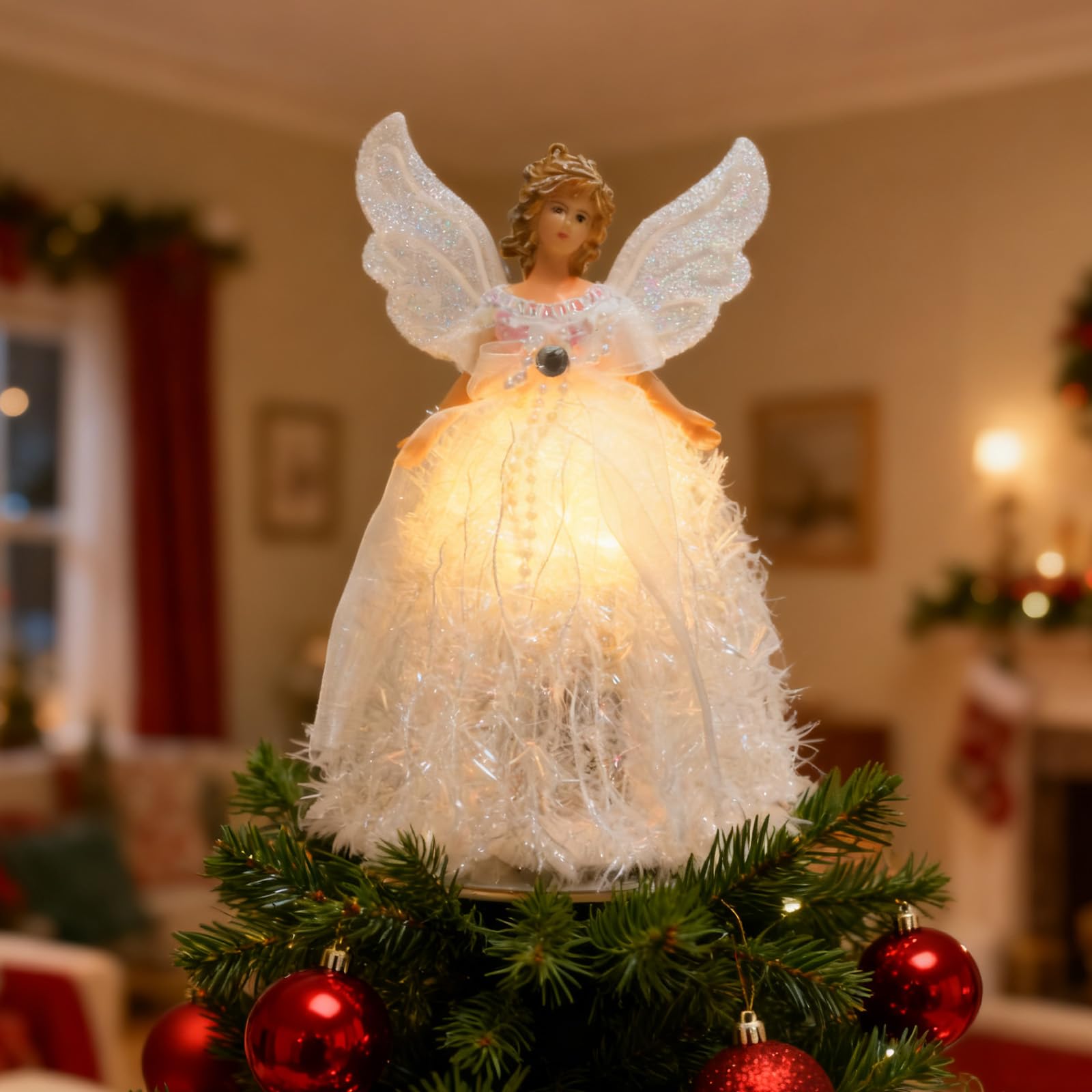 Christmas Angel Tree Topper, Angel Tree Top Figurine Xmas Tree Fairy Topper Light Up Treetop Pendant With Wings for Christmas Tree Home Party Decor