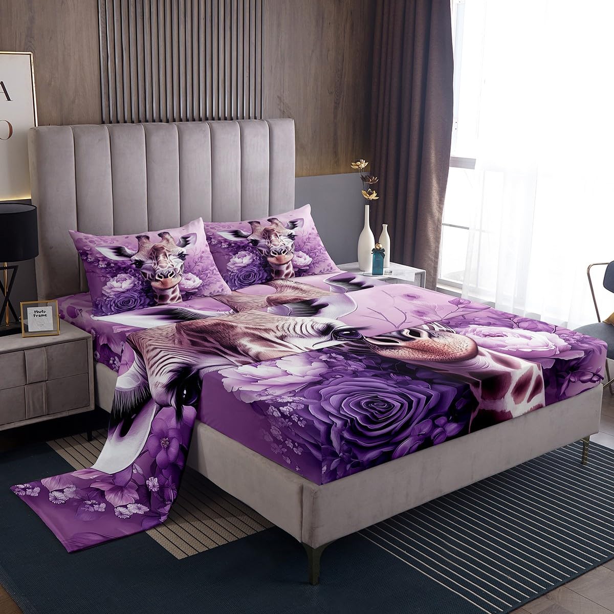 Parure de lit 4 pièces girafe sauvage et fleurs violettes Manfei avec drap plat