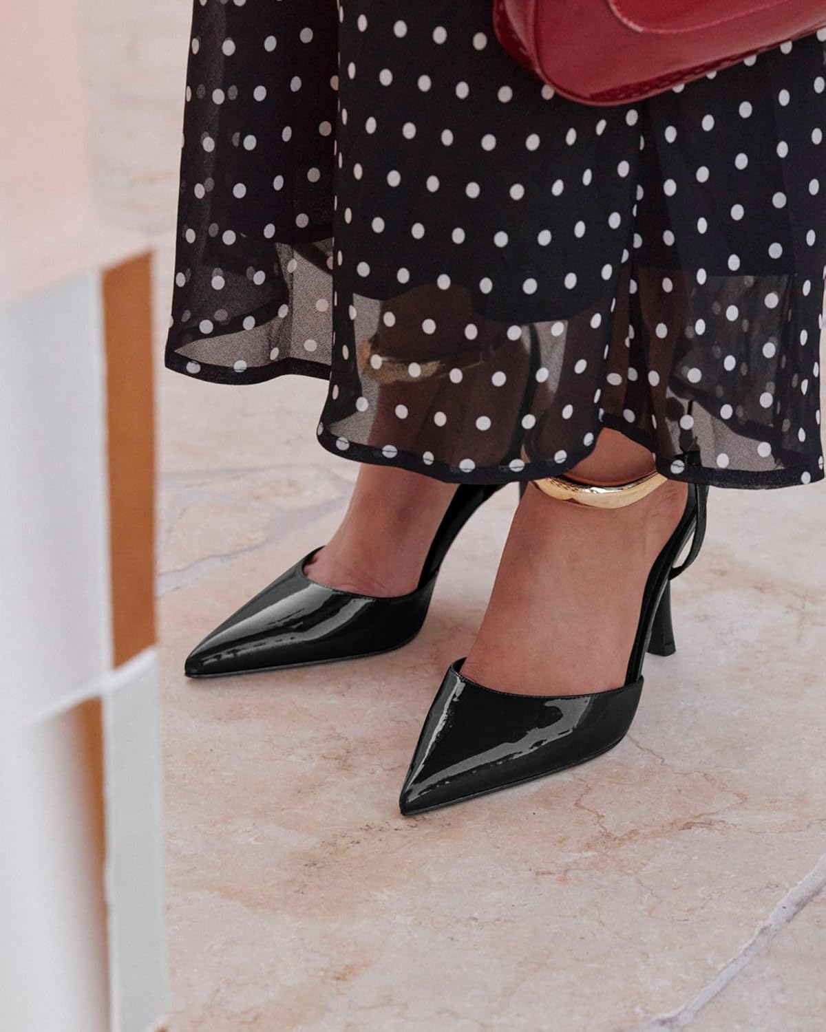 Coutgo Womens Strappy High Heels Closed Pointed Toe Pumps Ankle Strap Metal Party Dress Shoes - Image 2