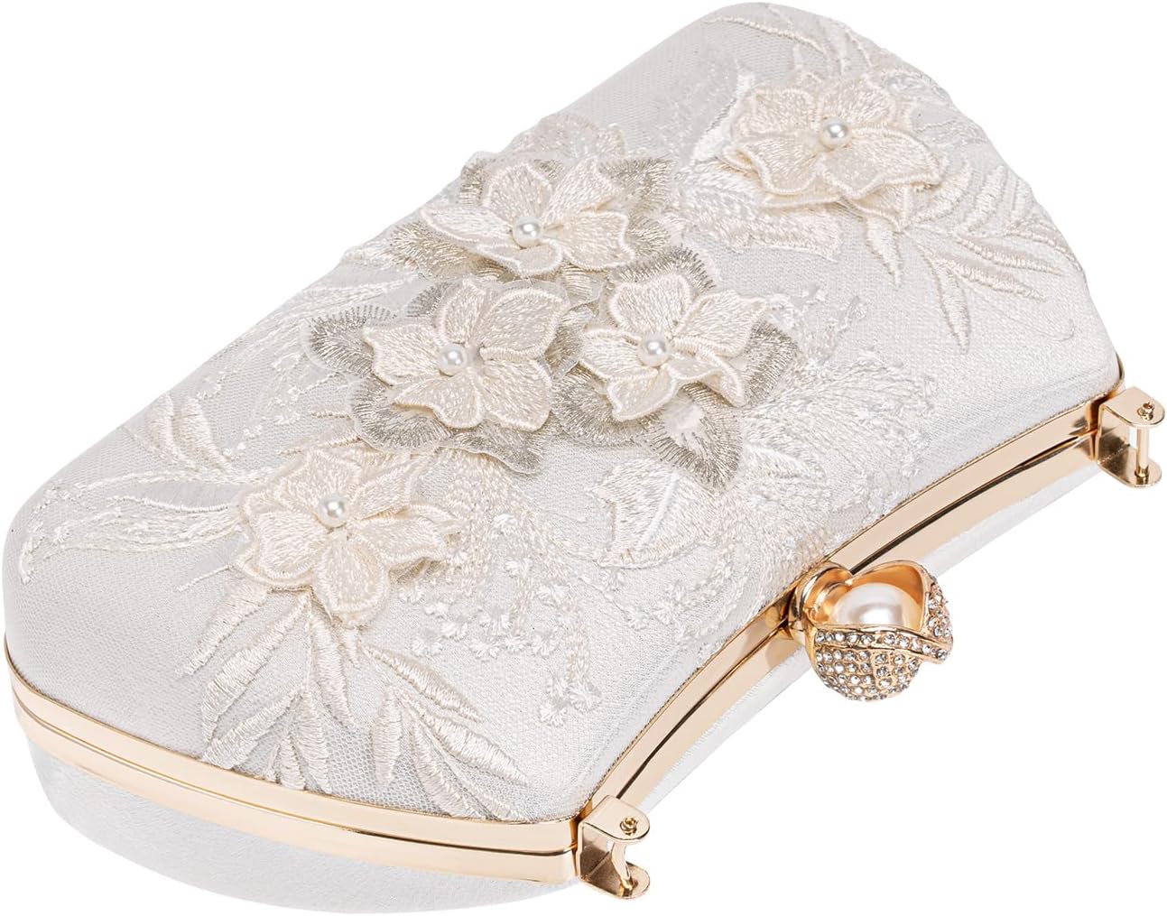 Premium Floral Lace Satin Pearl Top Handle Clutch Handbag With Detachable Chain flower wedding Bridal Bag