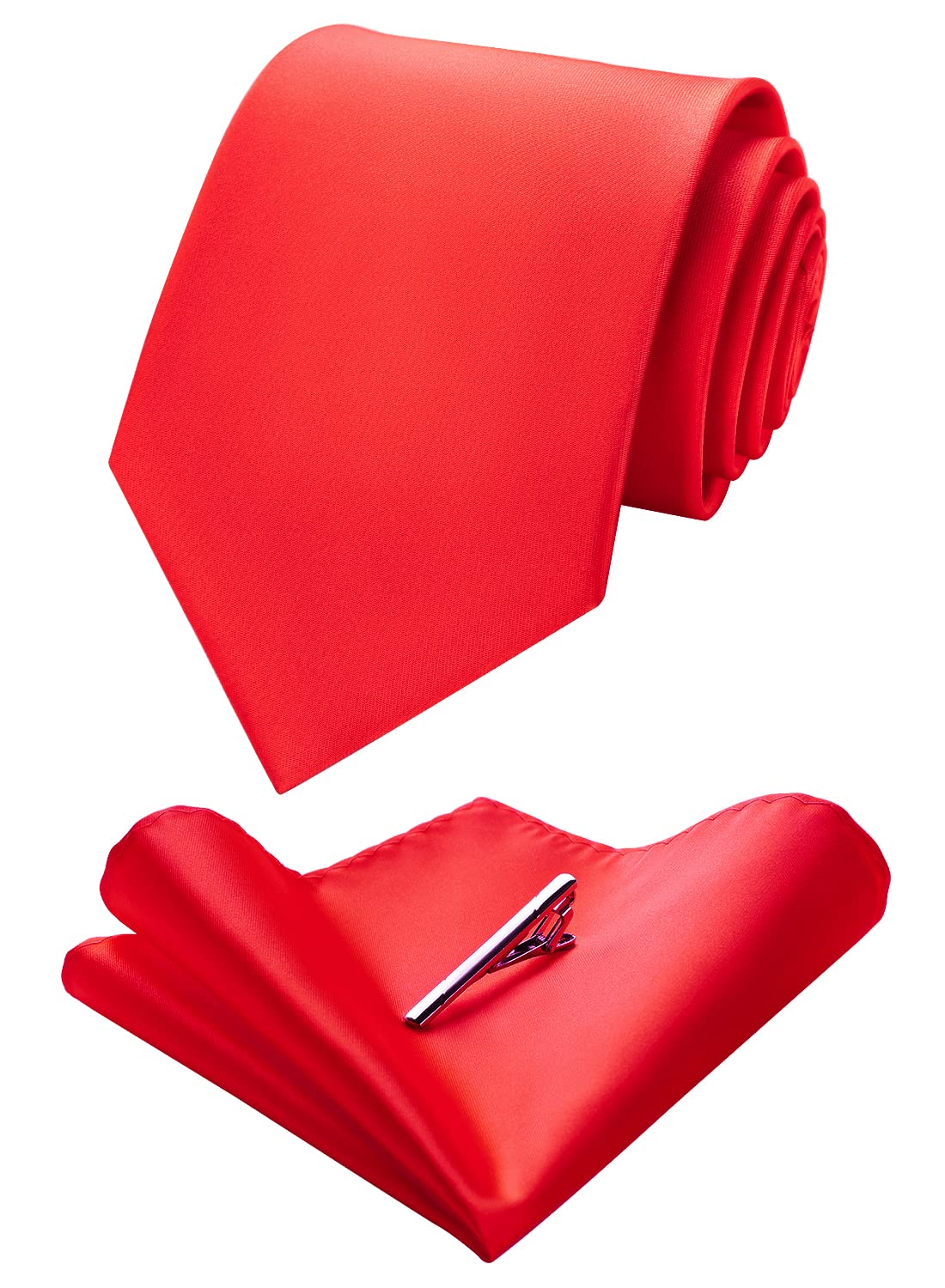 HISDERNSolid Color Tie and Pocket Square with Tie Clips Men's Wedding Party Necktie Handkerchief Set