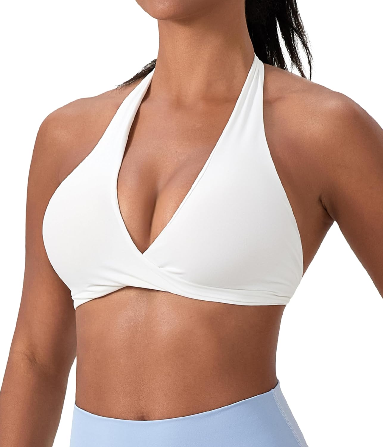 SPVISE Halter Sports Bras for Women Padded Yoga Bra Low Impact Gym Workout Bra Tank Open Back Twist Front V-Neck Everyday Bra