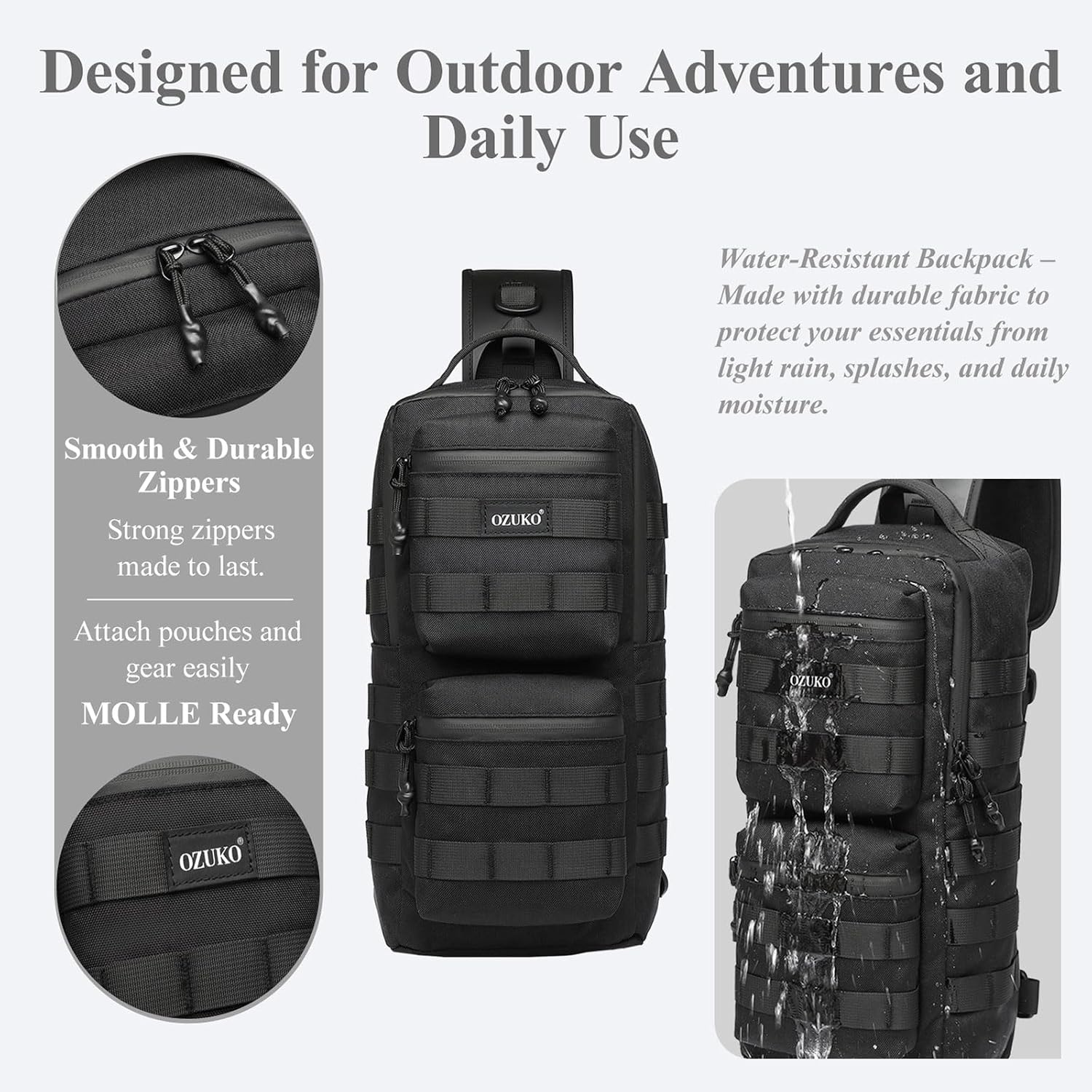 OZUKO Sling Bag for Men, Crossbody Sling Backpack, Water Resistant Tactical Casual Shoulder Bag, Compact Daypack for Travel Hiking Outdoor EDC Daily Commute